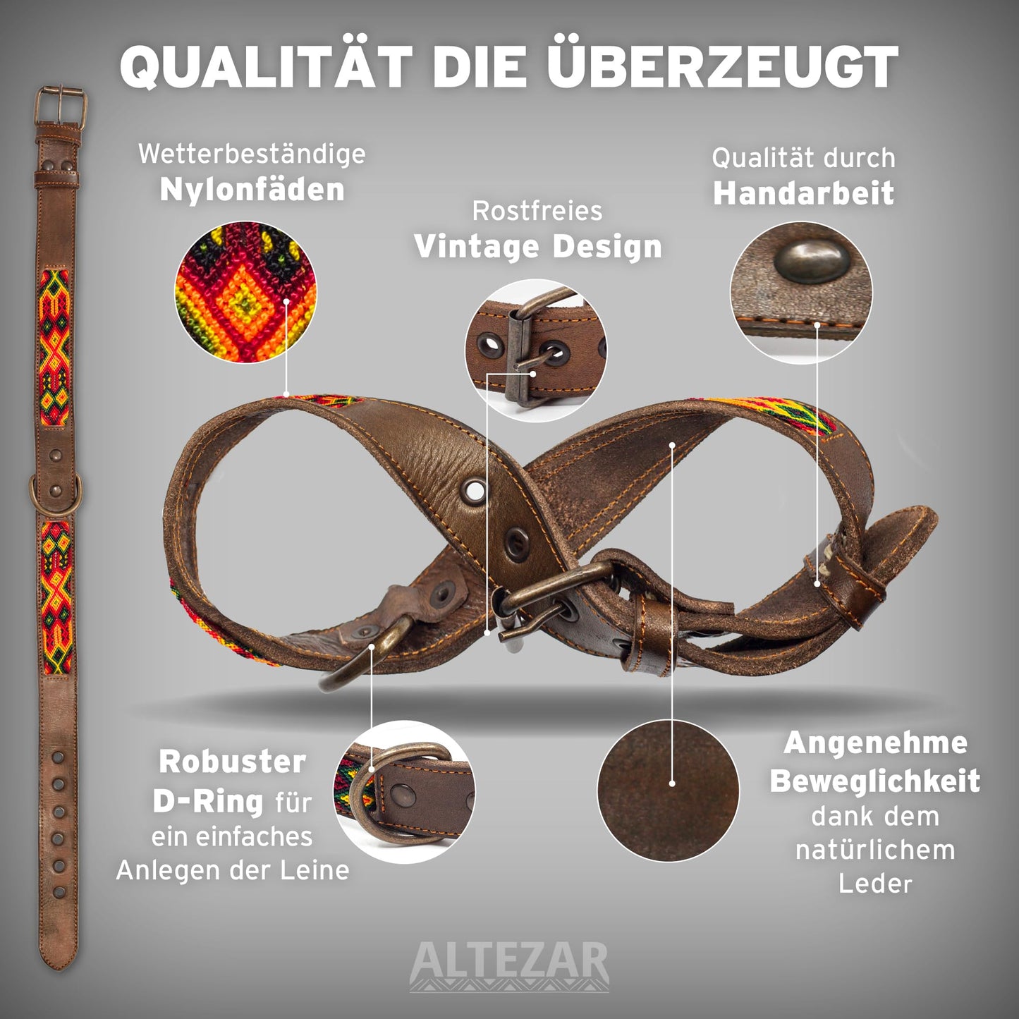 Hundehalsband Leder - braunes Rindsleder Tribal Grün/Braun/Beiges