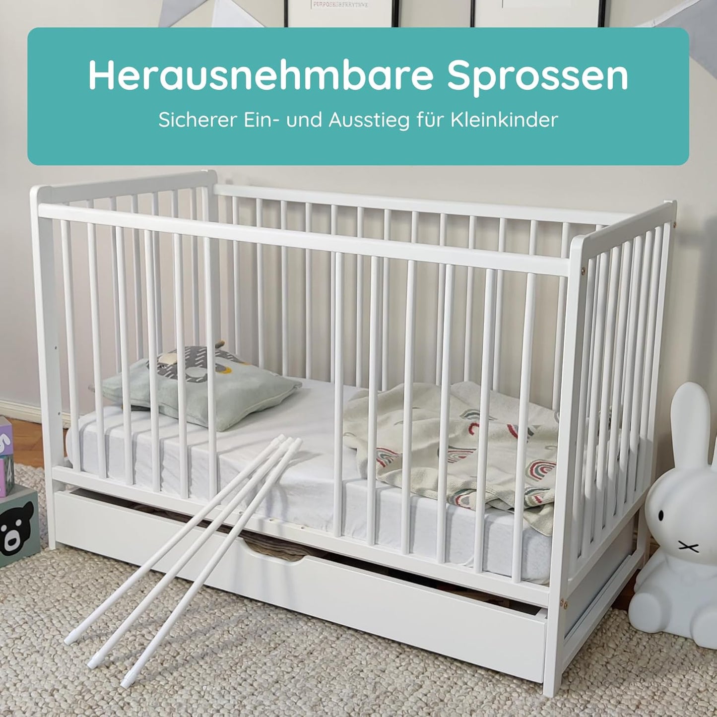 Babybett Kinderbett 60x120 cm Gitterbett Baby Bett Komplett-Set, Lattenrost höhenverstellbar