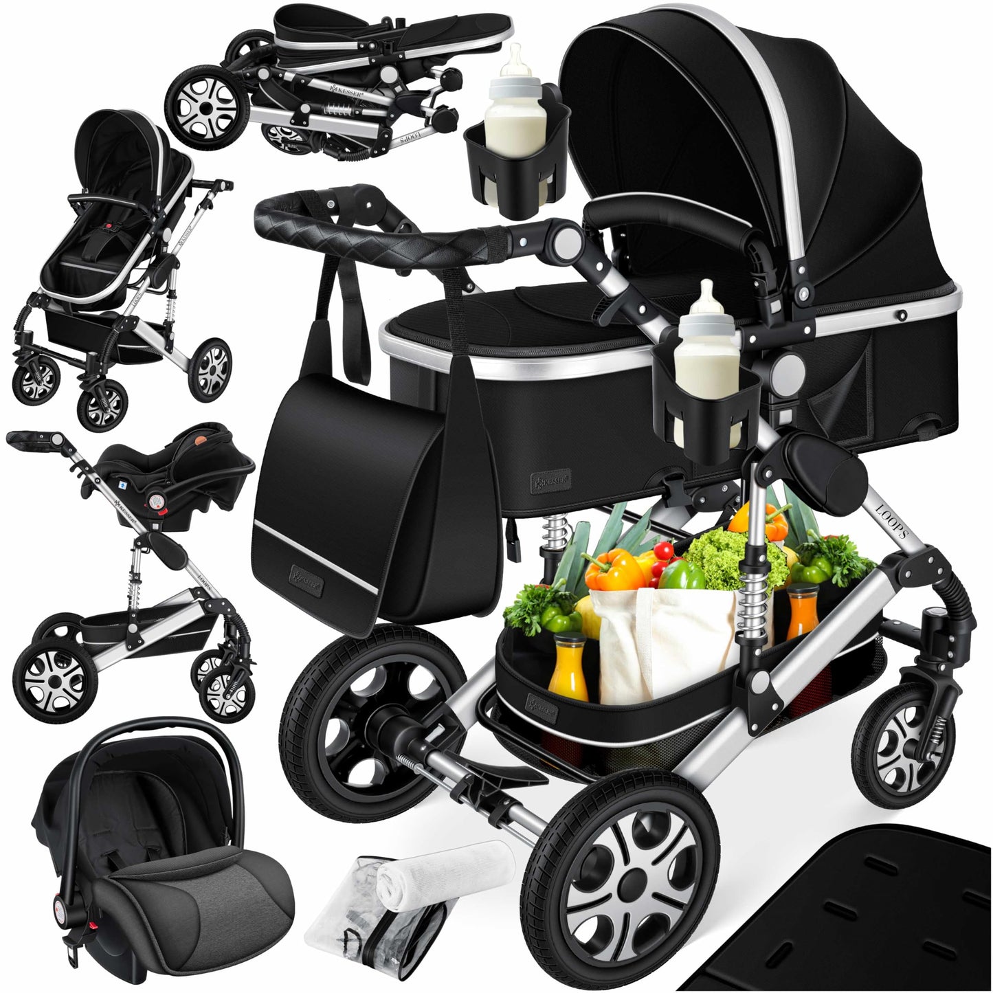 Kesser® Loops 3-in-1 Combination Pram, Complete Set Including Baby Tub & Buggy Sports Seat & Baby Car Seat, Full Rubber Tyres