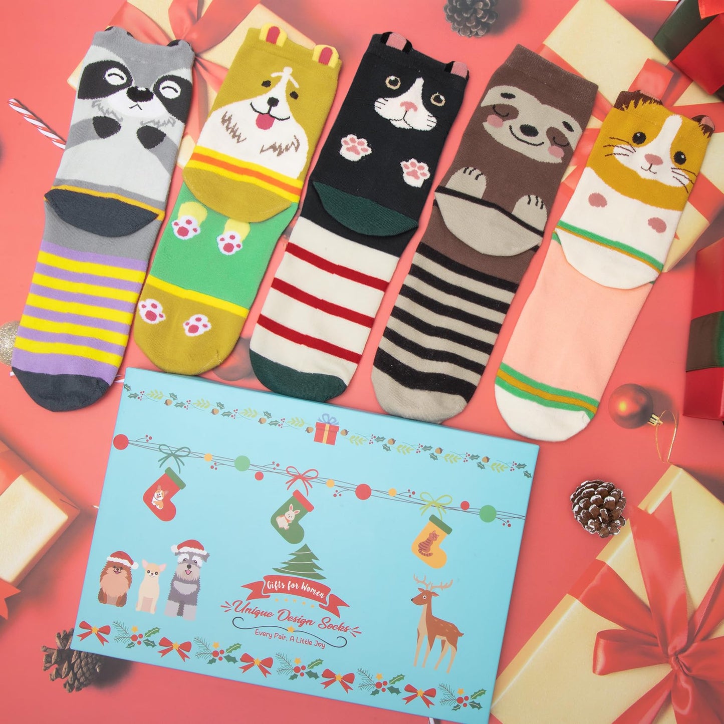 Chalier Cozy 5 Paar Damen Socken Hunde Katzen Motiven, Baumwolle