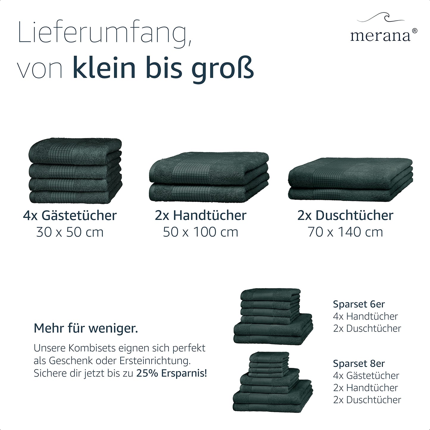 Merana Rome Handtuch Set | saugstark, weich und fusselfrei | Frottier Luxus Qualität | 100% Baumwolle | Oeko-TEX | 4 x Gästetücher (30x50cm))