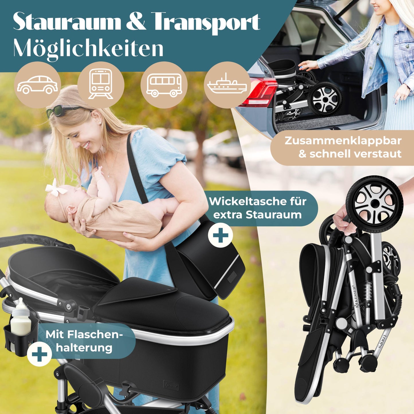 Kesser® Loops 3-in-1 Combination Pram, Complete Set Including Baby Tub & Buggy Sports Seat & Baby Car Seat, Full Rubber Tyres