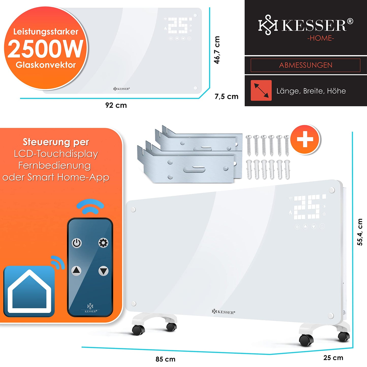 KESSER® Glass Convector, Glass Heater, Electric Radiator, WiFi App Function, Includes Remote Control Electric Heater Standing or Wall Heating Radiator | Touch Screen | LCD Display | Timer | 2500 Watt