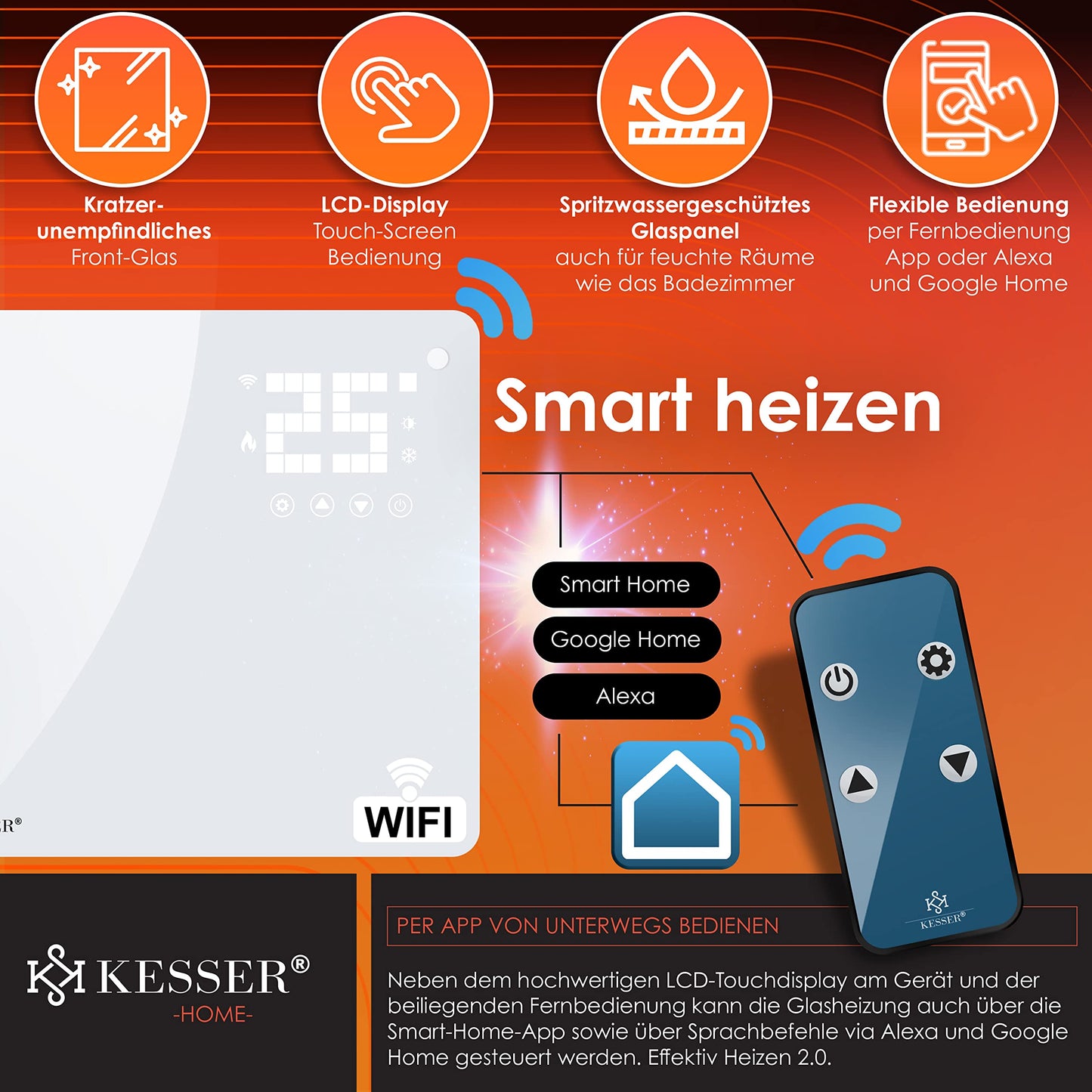 KESSER® Glass Convector, Glass Heater, Electric Radiator, WiFi App Function, Includes Remote Control Electric Heater Standing or Wall Heating Radiator | Touch Screen | LCD Display | Timer | 2500 Watt
