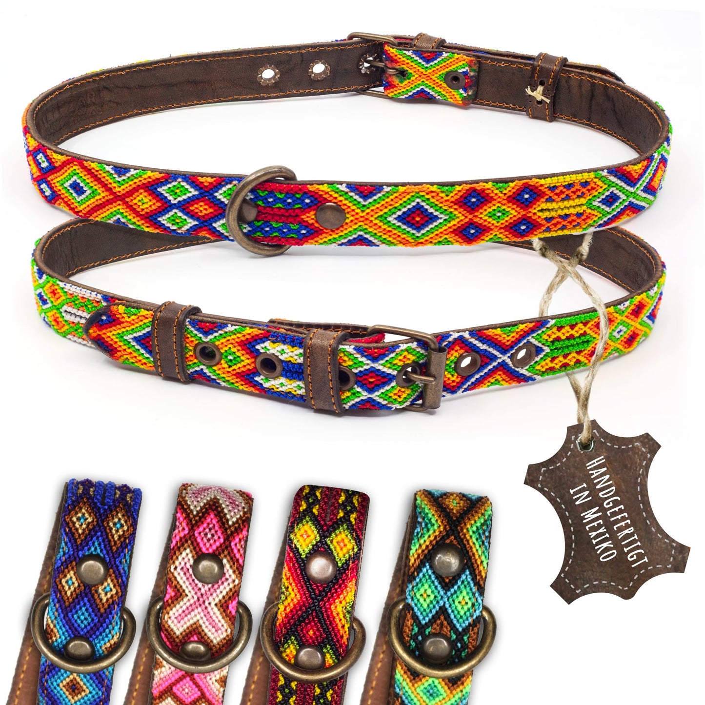 Hundehalsband Leder - braunes Rindsleder Tribal Grün/Braun/Beiges