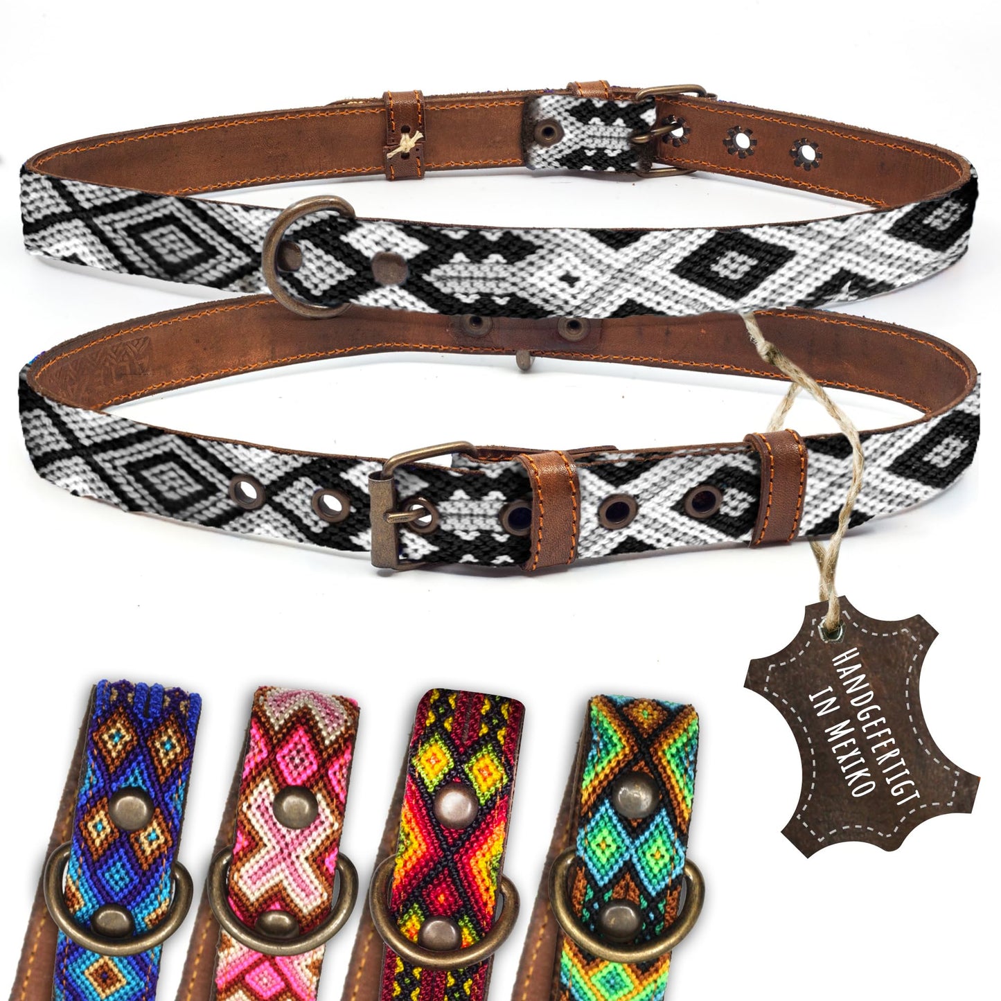 Hundehalsband Leder - braunes Rindsleder Tribal Grün/Braun/Beiges