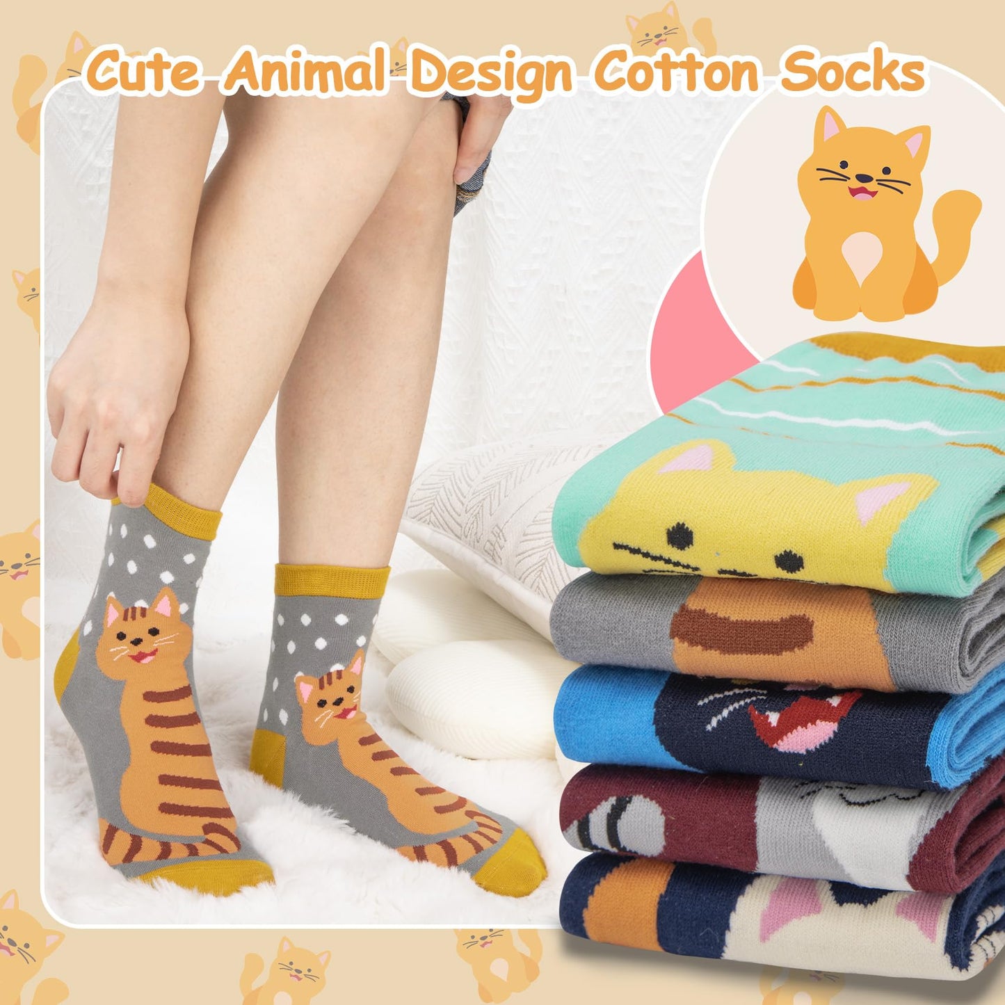 Chalier Cozy 5 Paar Damen Socken Hunde Katzen Motiven, Baumwolle
