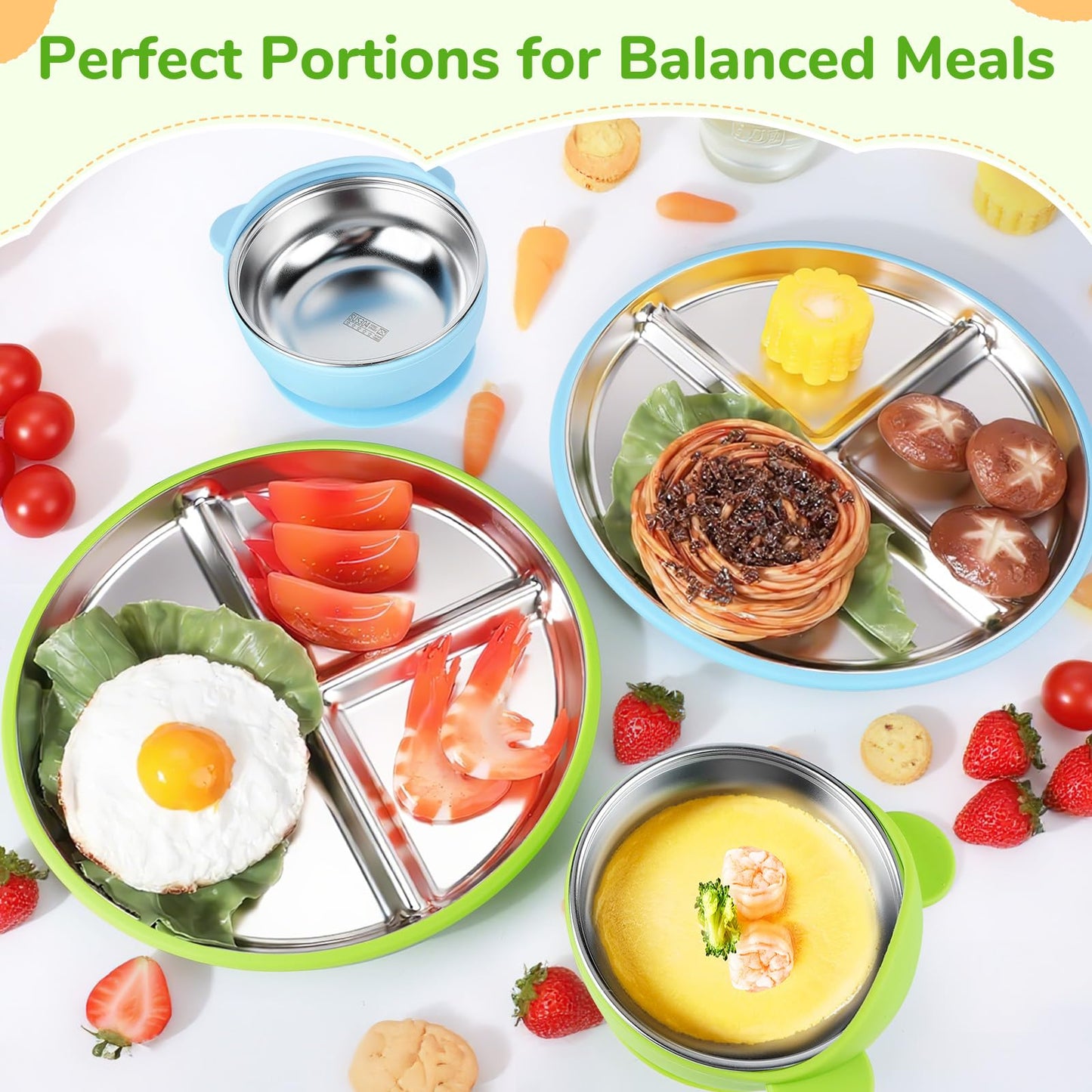 Geschirr Set 6 x Stainless Steel Baby Plates with Suction Cup, 2 Porridge Bowls Baby Bowl and 2 Spoon Forks