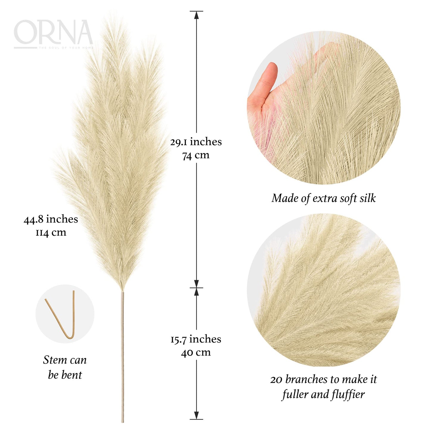 ORNA Artificial Pampas Grass Artificial Flower Long Branches Extra Fluffy 114 cm High (3 Stems x 20 Forks) for Modern Home Decoration