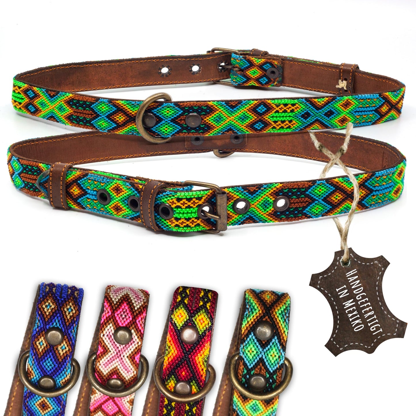 Hundehalsband Leder - braunes Rindsleder Tribal Grün/Braun/Beiges