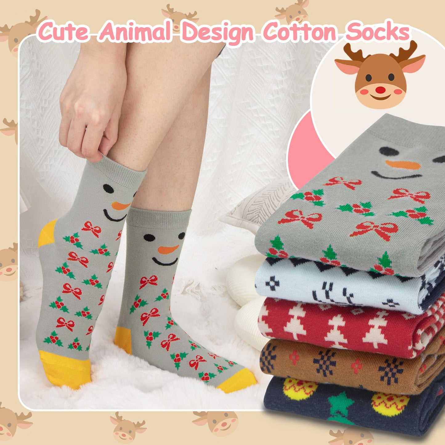 Chalier Cozy 5 Paar Damen Socken Hunde Katzen Motiven, Baumwolle