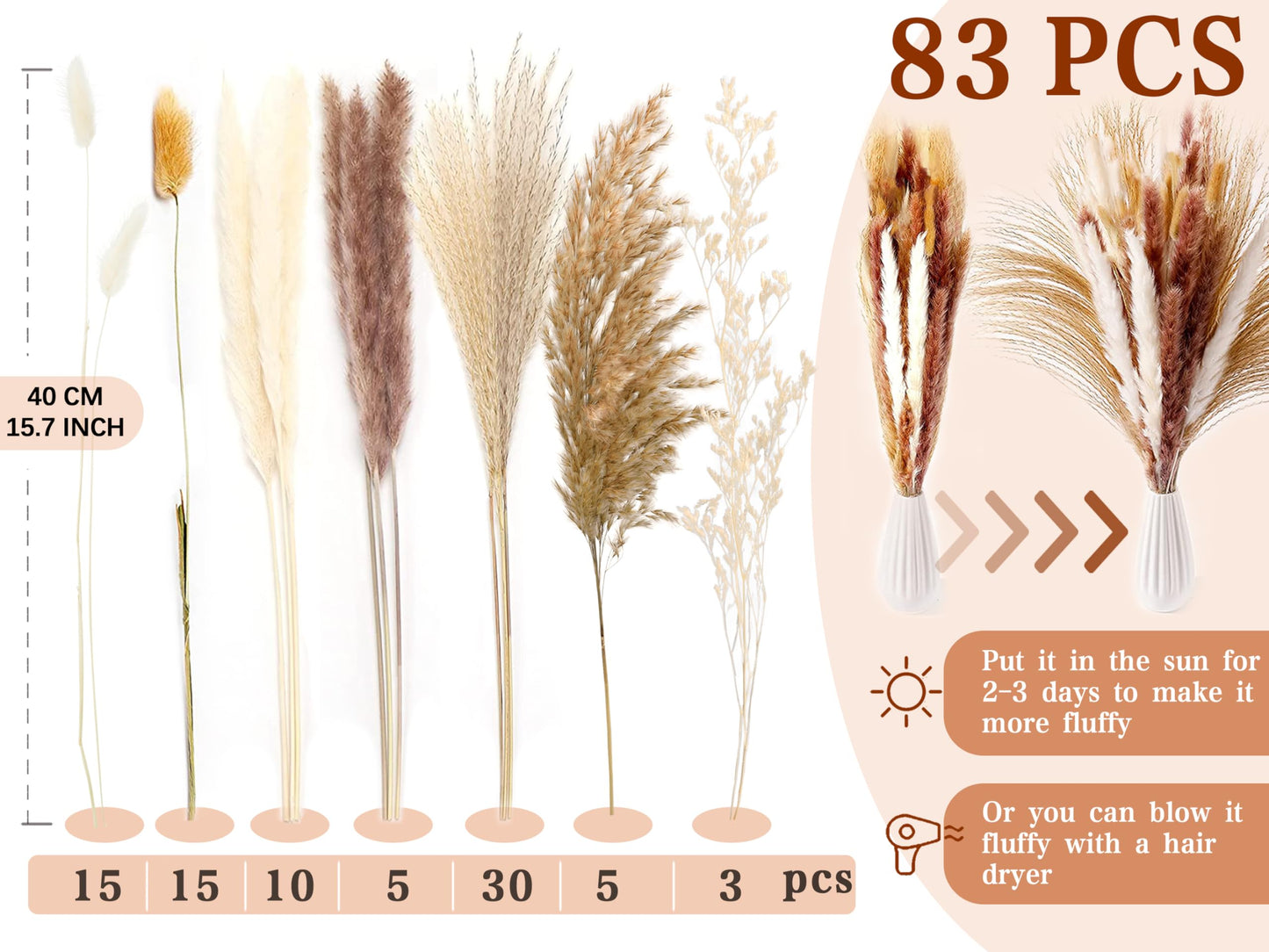 Pampasgras Getrocknet - Natürliche, Braun, Trockenblumen Strauß Dried Flowers, für Heim Decor