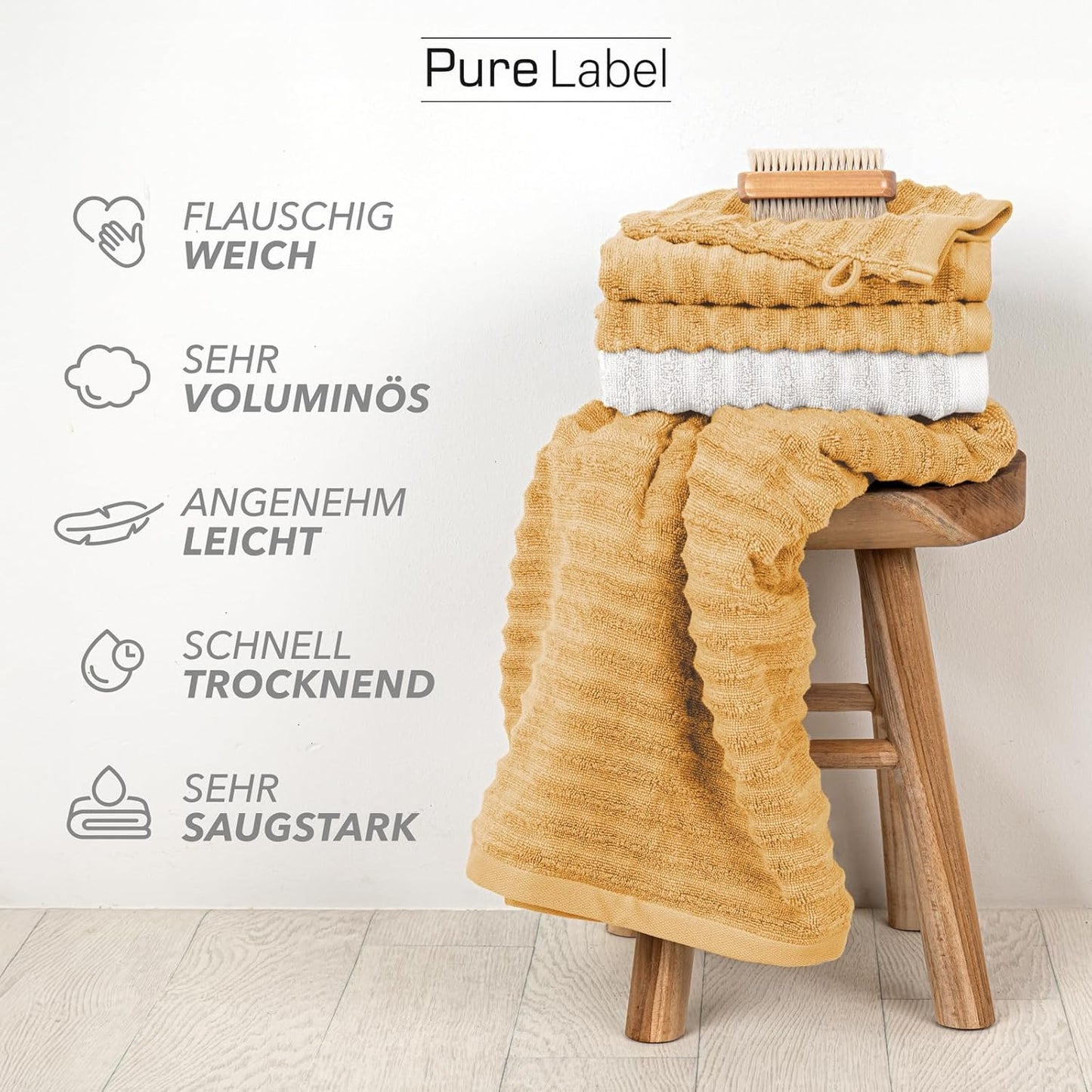 Pure Label 6-Piece Hand Towel Set with Hanging Loops Made of 100% Cotton, Absorbent and Soft, 2 x Bath Towels (70 x 140 cm), 2 x Hand Towels (50 x 100 cm), 2 x Guest Towels (30 x 50 cm),