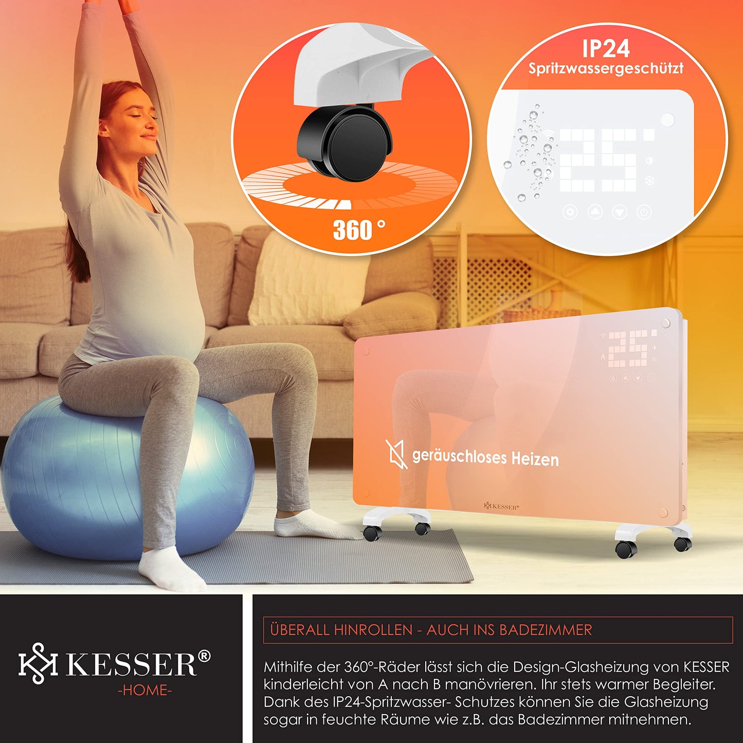 KESSER® Glass Convector, Glass Heater, Electric Radiator, WiFi App Function, Includes Remote Control Electric Heater Standing or Wall Heating Radiator | Touch Screen | LCD Display | Timer | 2500 Watt