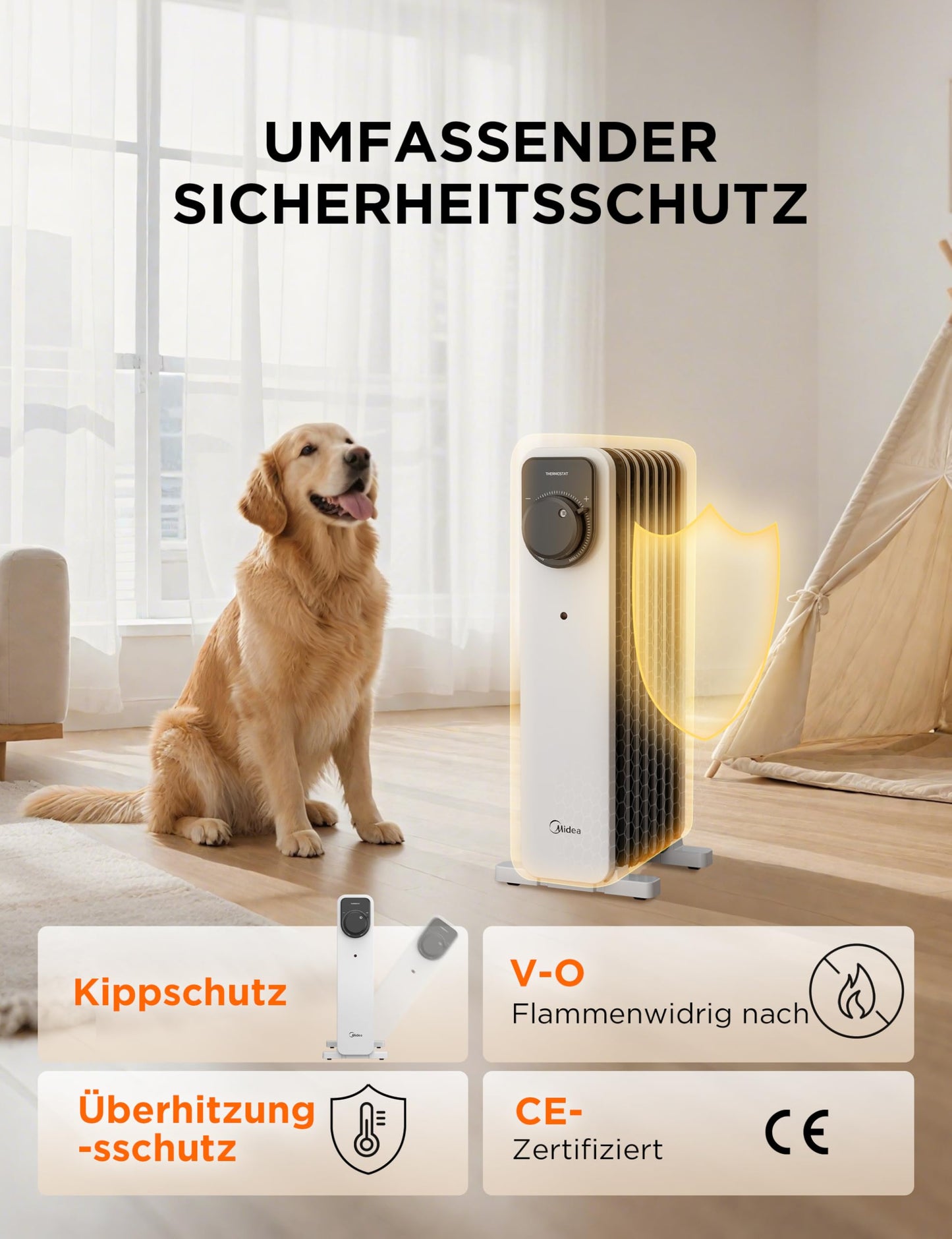 2300W 11 Rippen tragbarer Elektroheizer mit Drehknopfregelung und einstellbarem Thermostat, 3 Heizstufen, Kipp- und Überhitzungsschutz, ultra-leise im Büro & Zuhause