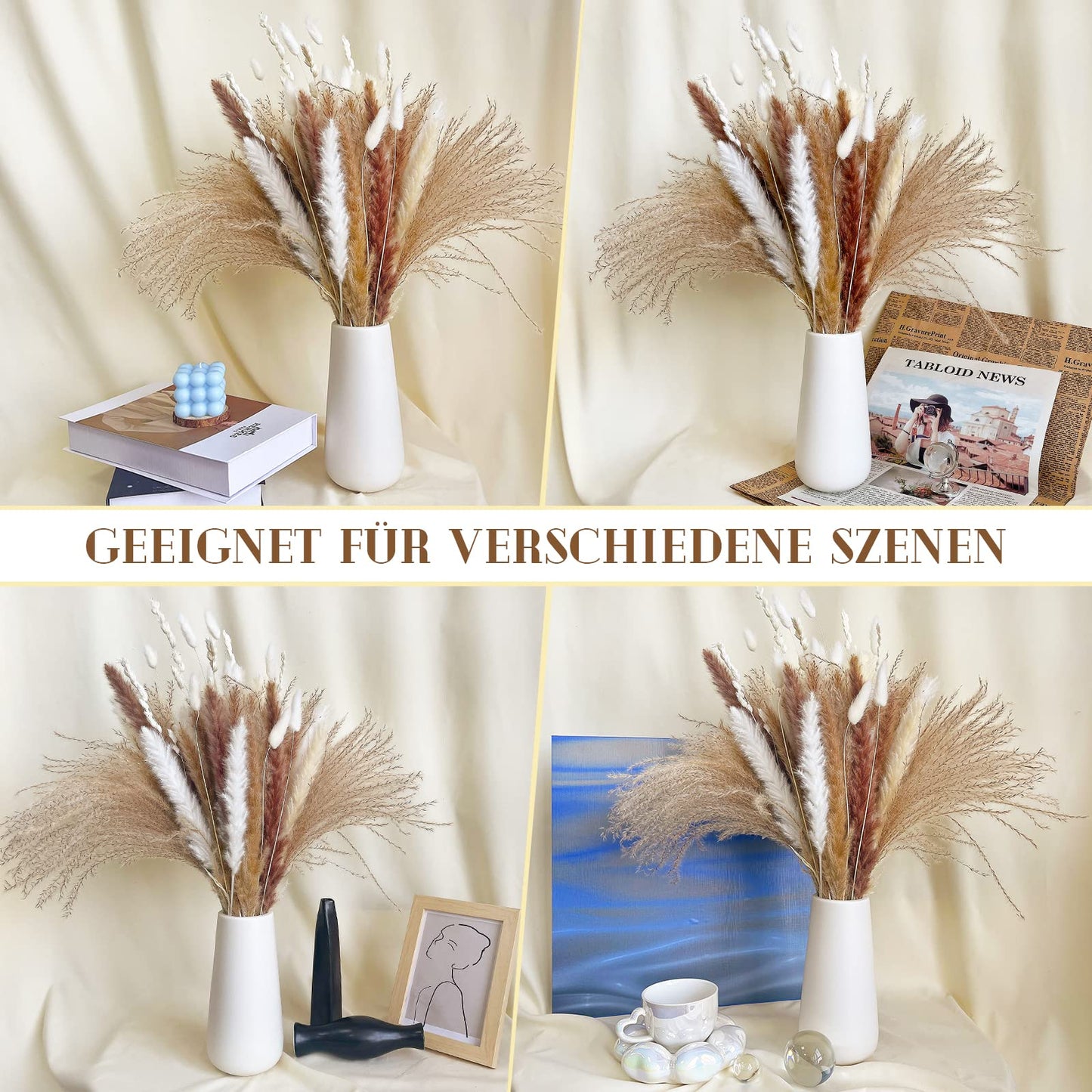 Dried Pampas Grass 60 Pieces Natural Dried Flowers Decoration, Bouquet Reed Flower Decoration for Living Room Bedroom