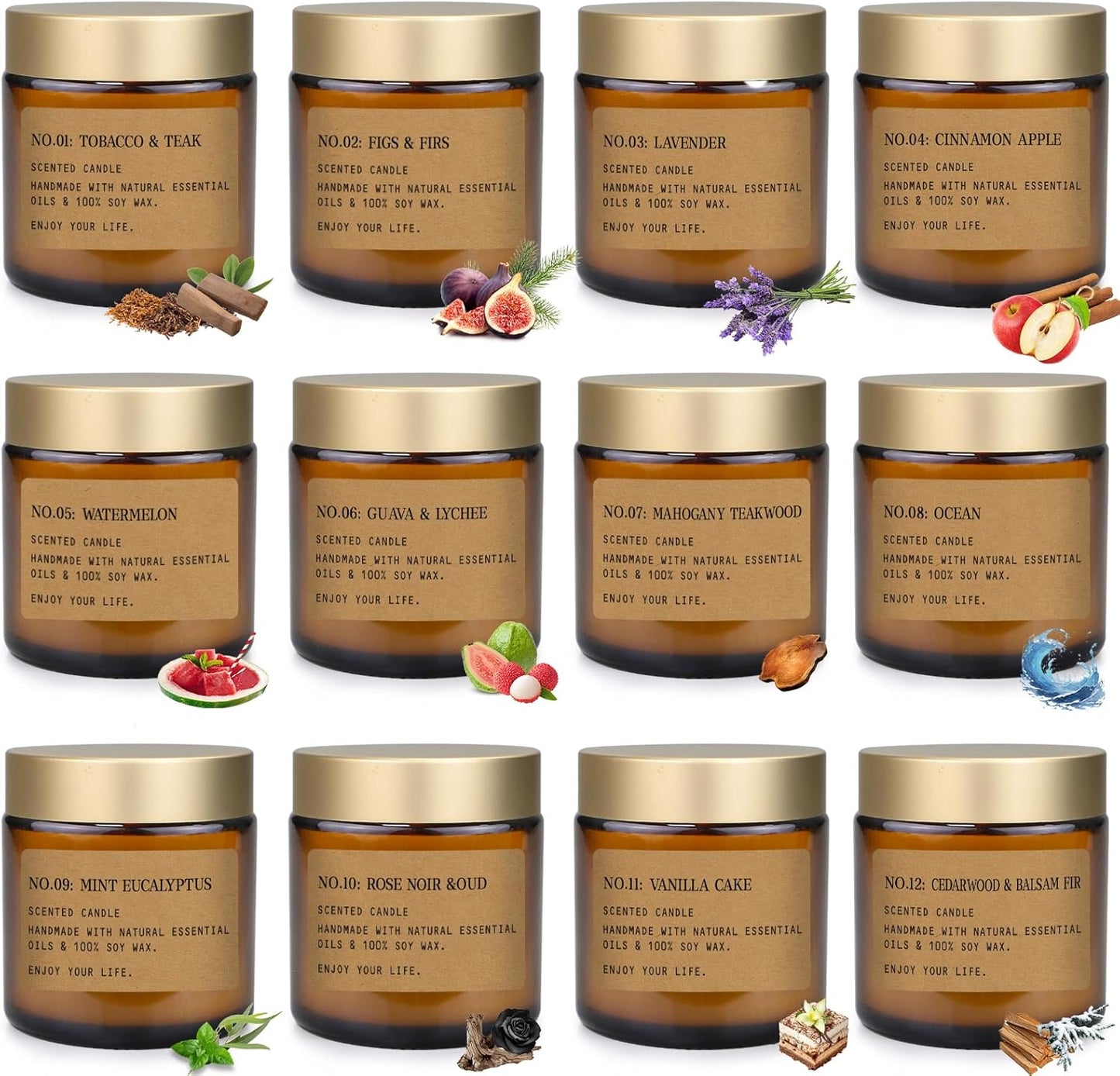 Duftkerze 12er Set Kerzen Geschenkbox, Natürliches Sojawachs 300h Brenndauer, Geschenkset, Ideal für Yoga, Schlaf, Meditation, SPA