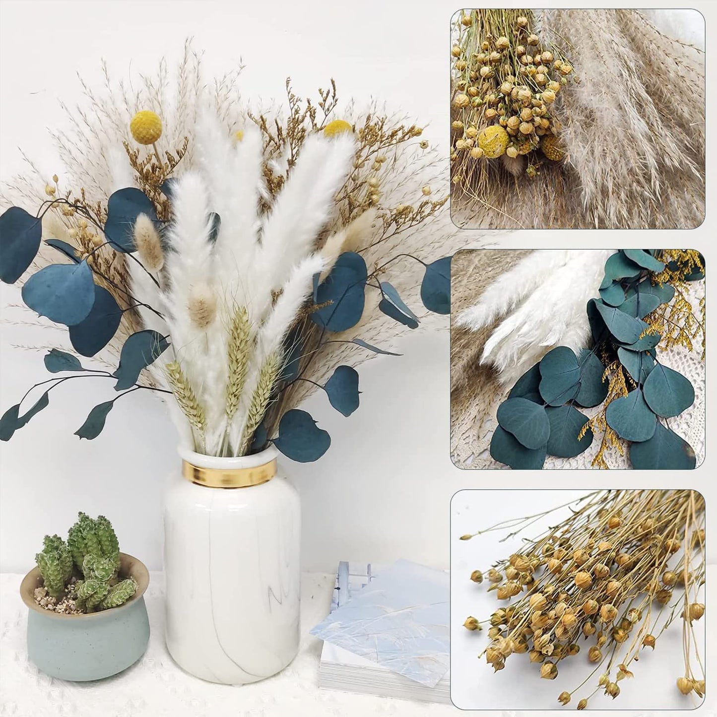 Dried Pampas Grass 60 Pieces Natural Dried Flowers Decoration, Bouquet Reed Flower Decoration for Living Room Bedroom