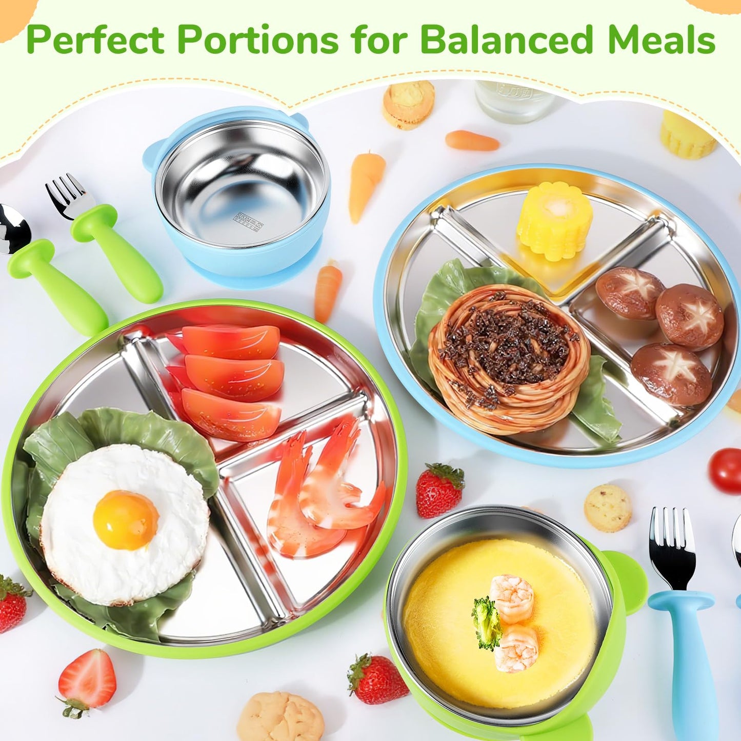 Geschirr Set 6 x Stainless Steel Baby Plates with Suction Cup, 2 Porridge Bowls Baby Bowl and 2 Spoon Forks