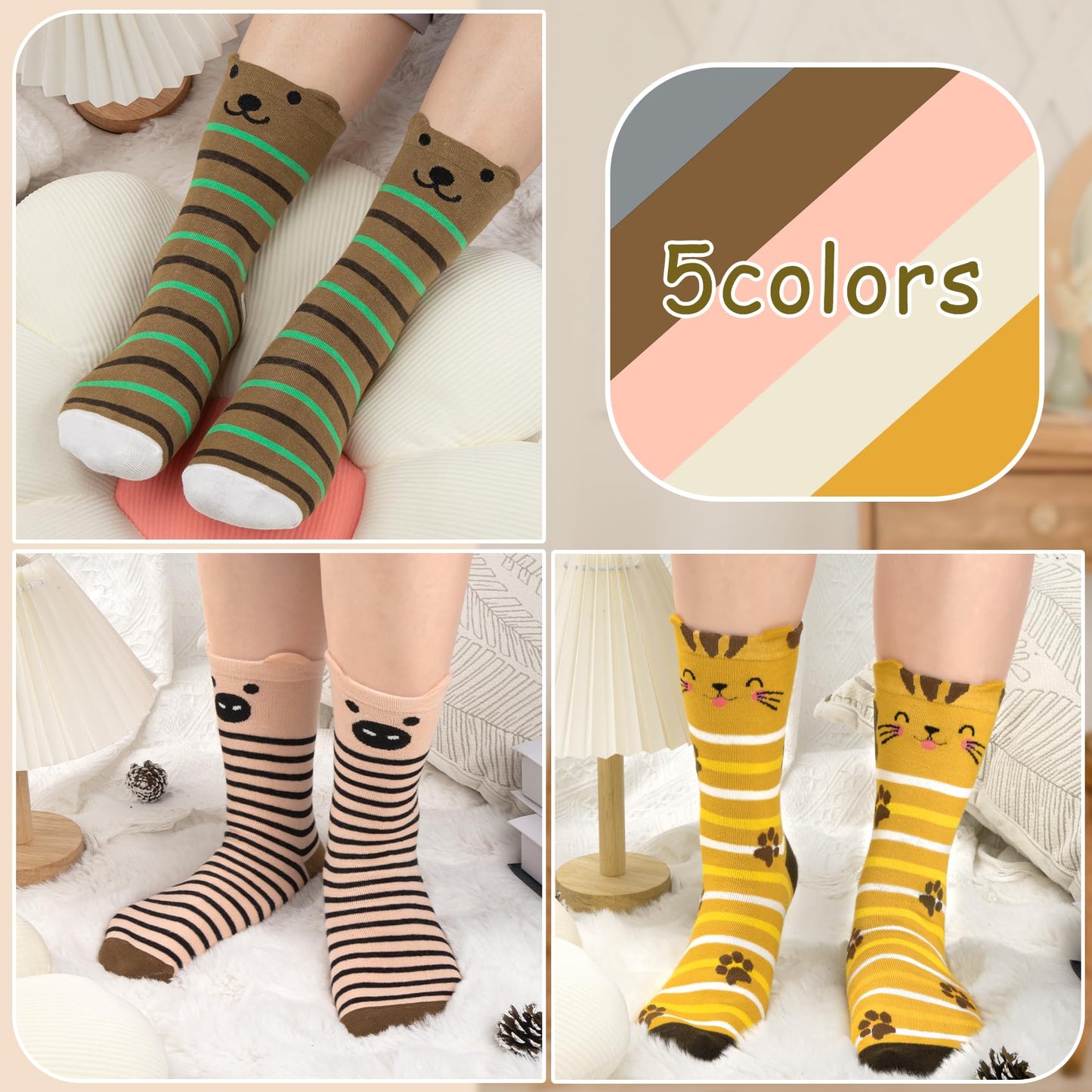 Chalier Cozy 5 Paar Damen Socken Hunde Katzen Motiven, Baumwolle