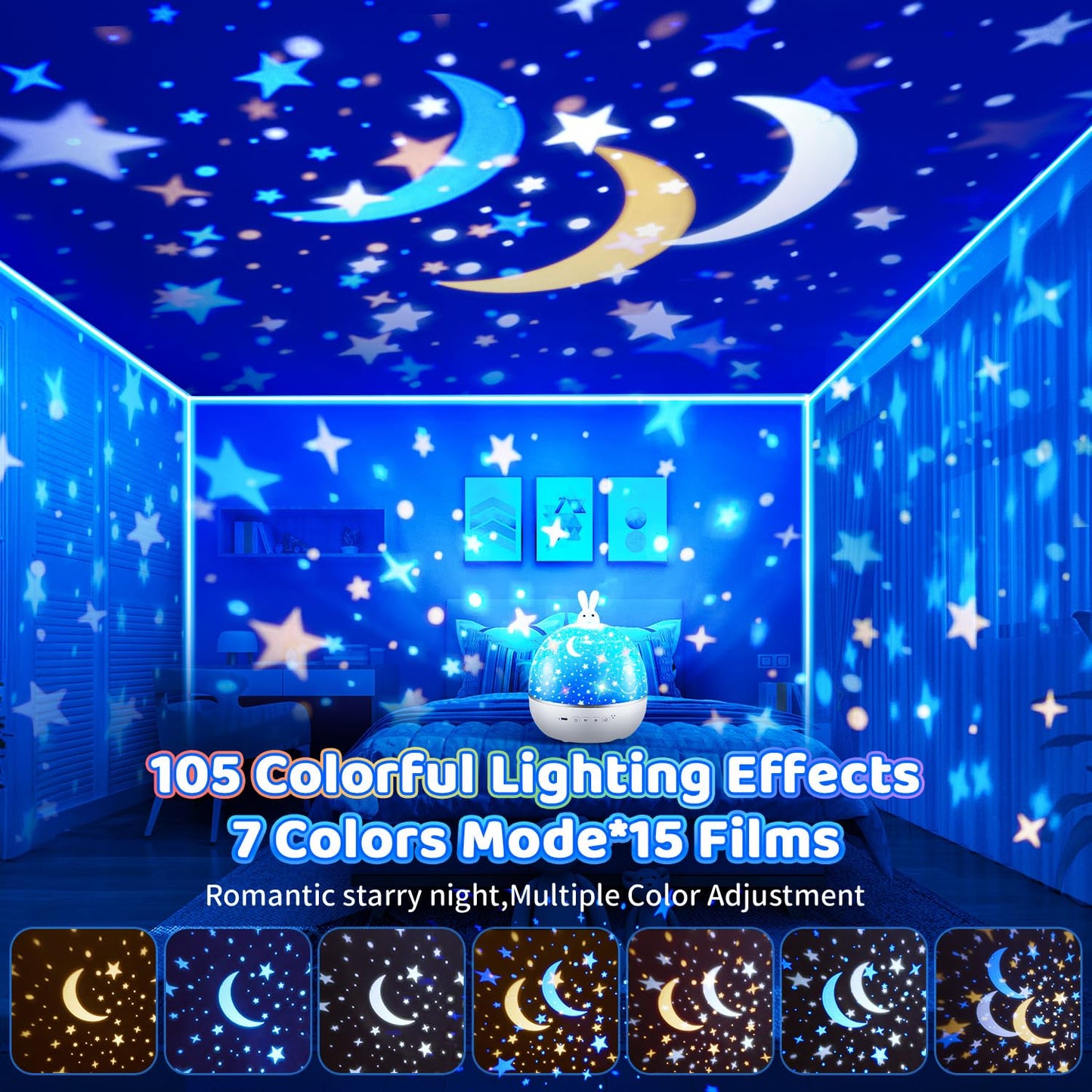 Sternenhimmel Projektor Kinder mit 15 Film, Nachtlicht Baby,Bluetooth,LED Projektor Sternenhimmel Nachttischlampe Kinder