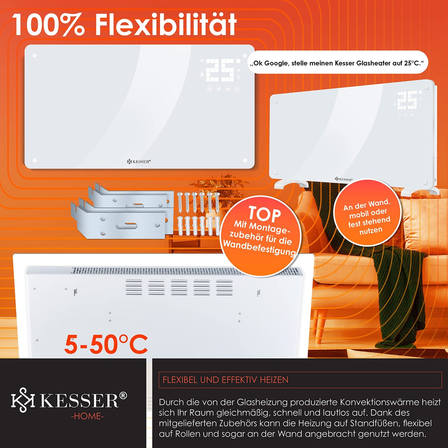 KESSER® Glass Convector, Glass Heater, Electric Radiator, WiFi App Function, Includes Remote Control Electric Heater Standing or Wall Heating Radiator | Touch Screen | LCD Display | Timer | 2500 Watt