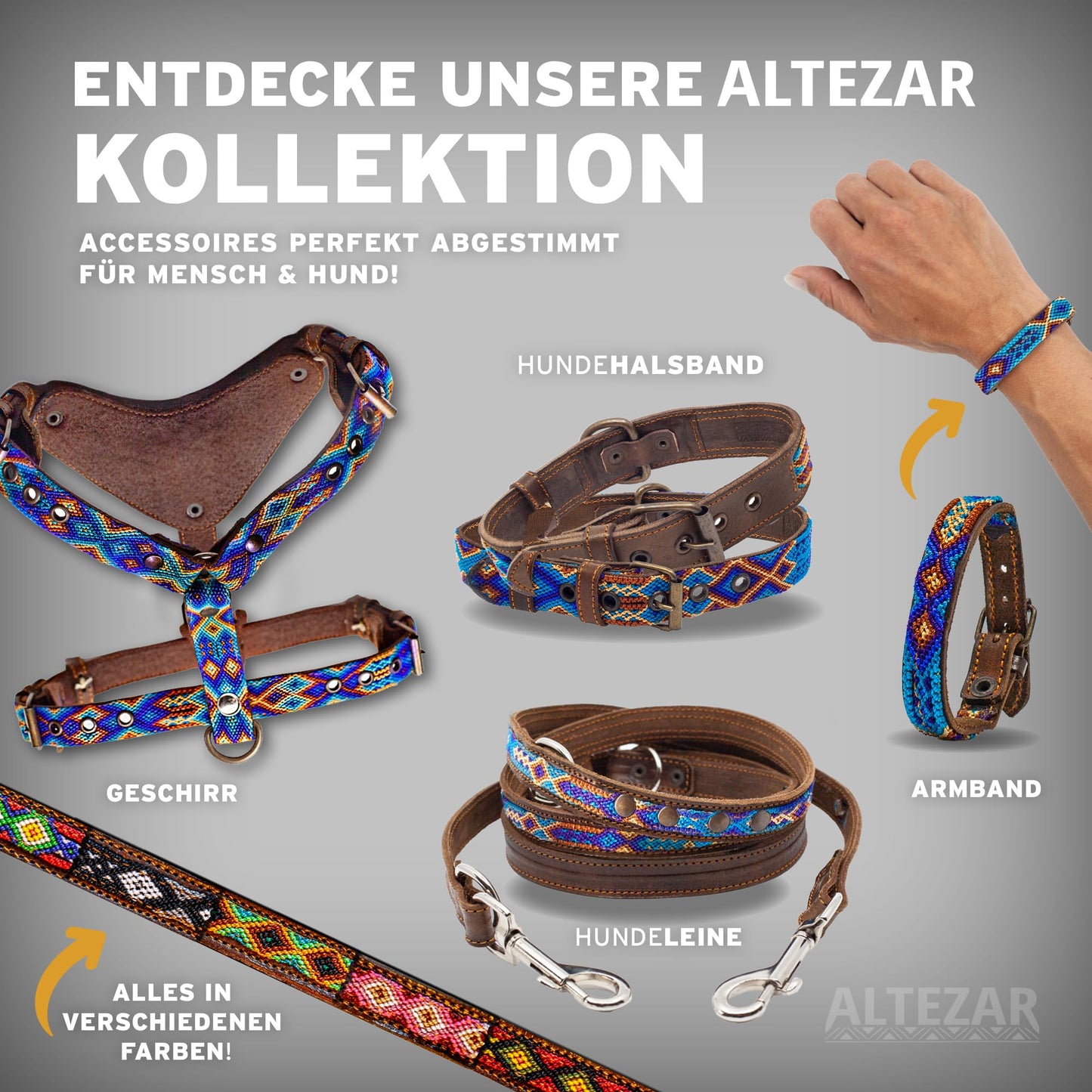 Hundehalsband Leder - braunes Rindsleder Tribal Grün/Braun/Beiges