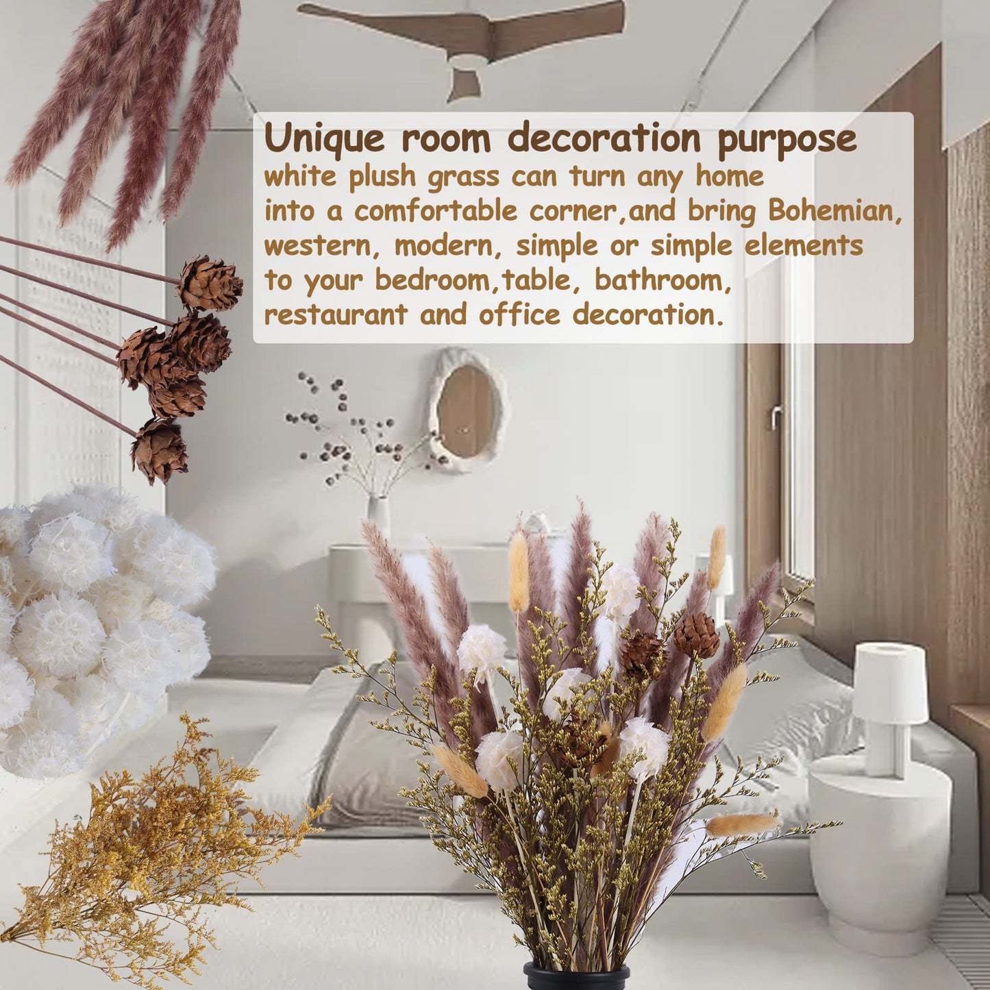 Dried Pampas Grass 60 Pieces Natural Dried Flowers Decoration, Bouquet Reed Flower Decoration for Living Room Bedroom