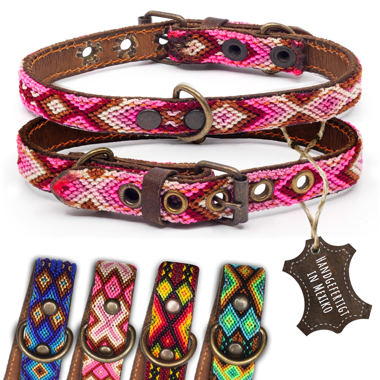 Hundehalsband Leder - braunes Rindsleder Tribal Grün/Braun/Beiges