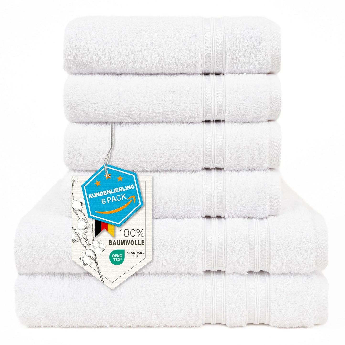 6-Piece Hand Towel Set, 100% Cotton, Soft, Absorbent, Quality Hand Towels Set, 2 Bath Towels 70 x 140 cm, 4 Hand Towels 50 x 100 cm, White