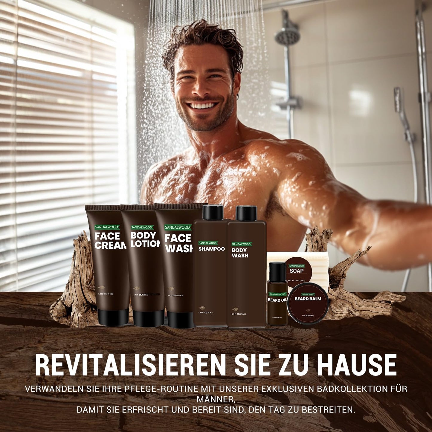 BODY & EARTH Men's Care Gift Set Sandalwood, 10-Piece Care Set with Beard Oil