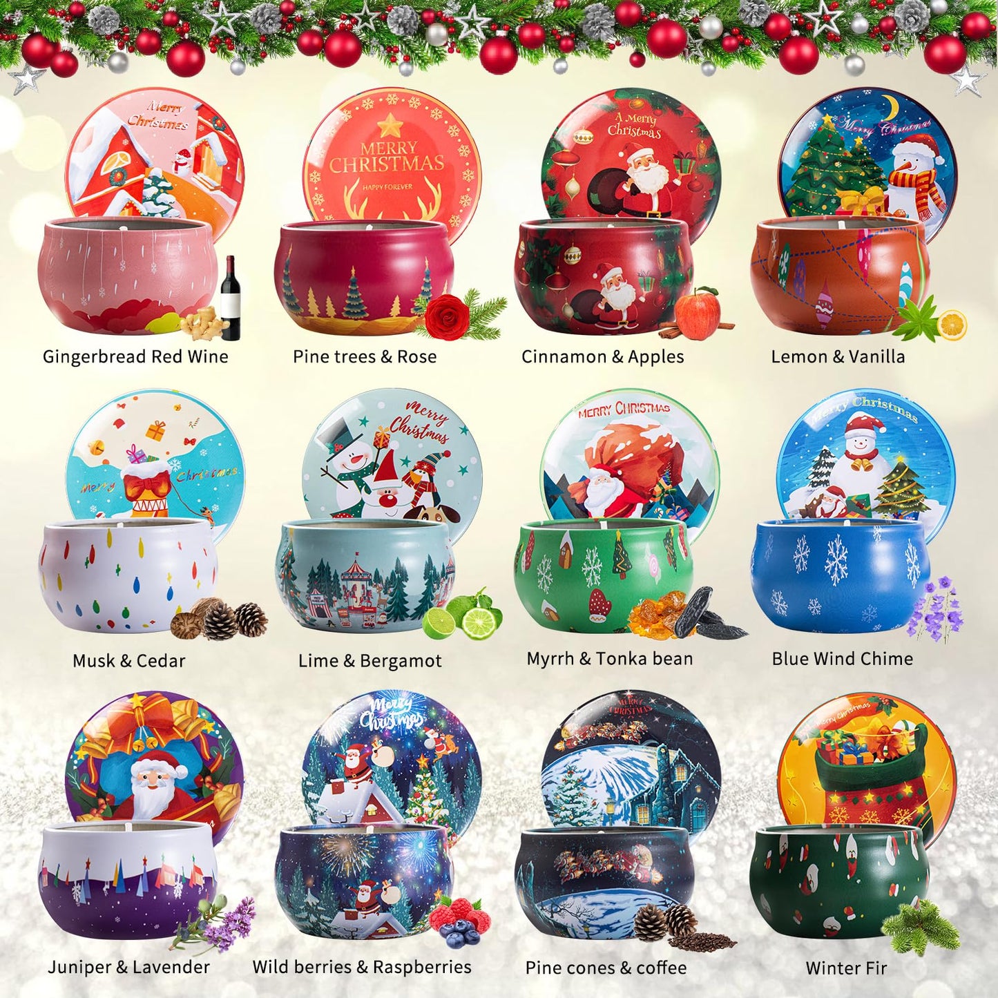 Pack of 12 Christmas Candles Scented Candles Set, Christmas Candle 100% Natural Soy Candles for Christmas, Gifts Aromatherapy