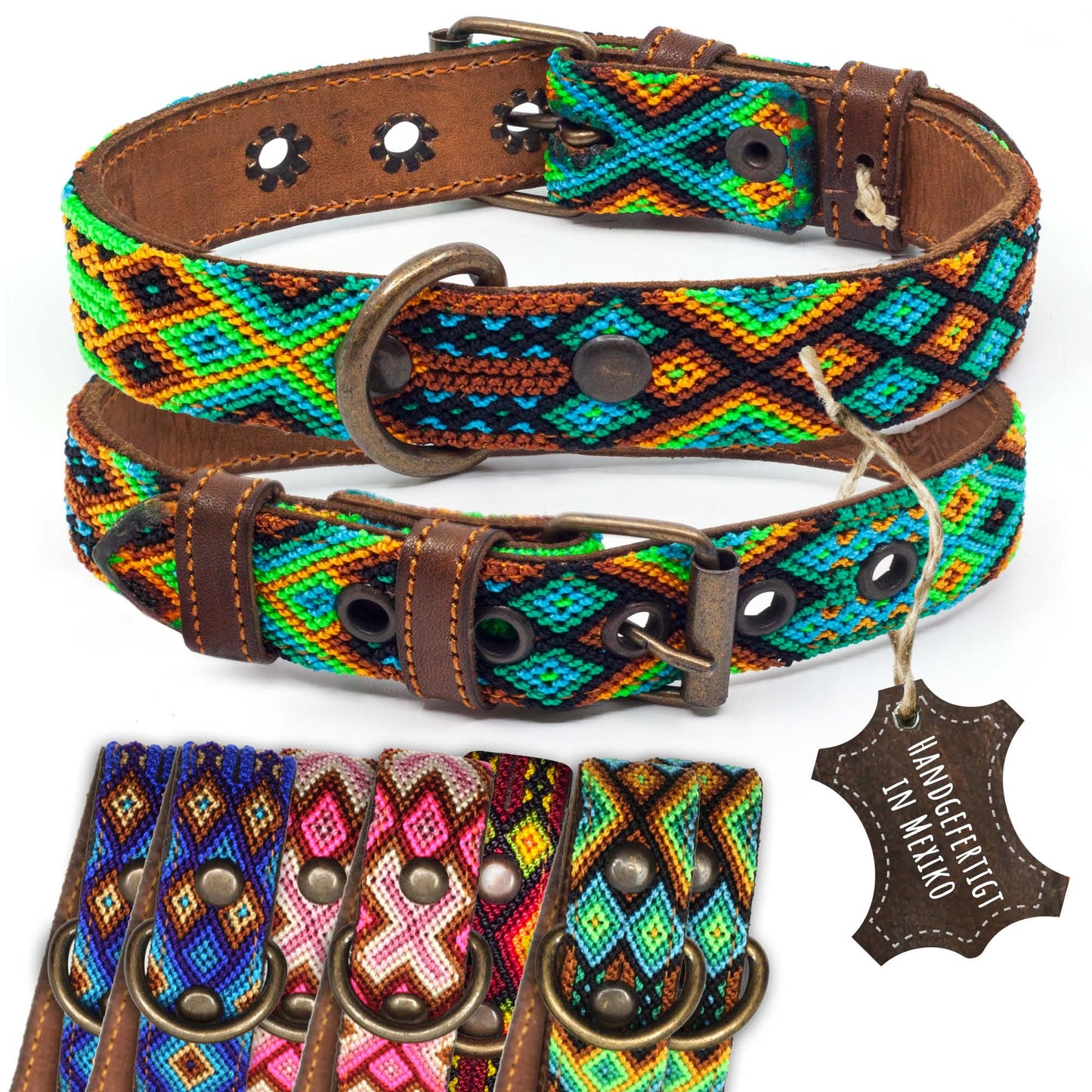 Hundehalsband Leder - braunes Rindsleder Tribal Grün/Braun/Beiges