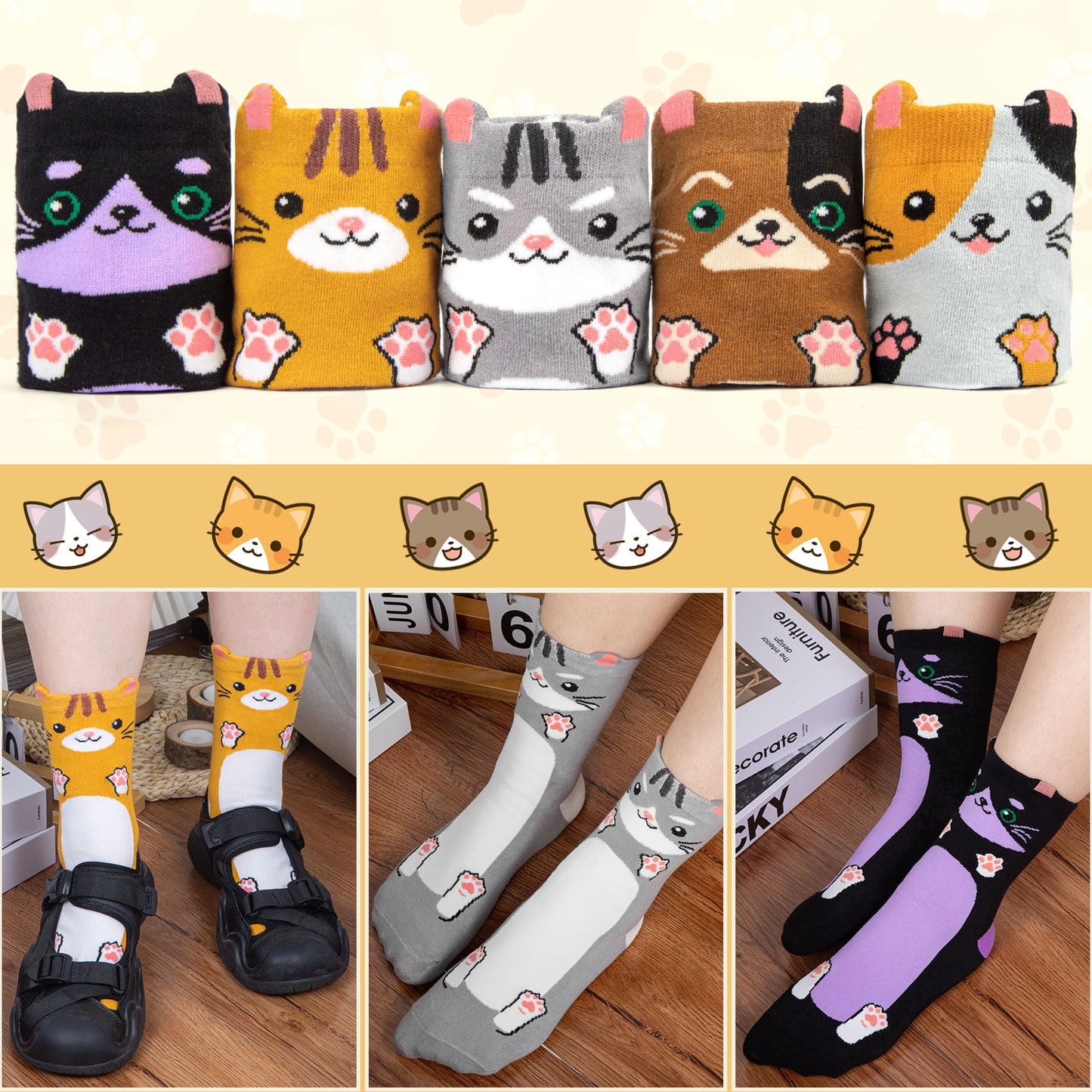 Chalier Cozy 5 Paar Damen Socken Hunde Katzen Motiven, Baumwolle