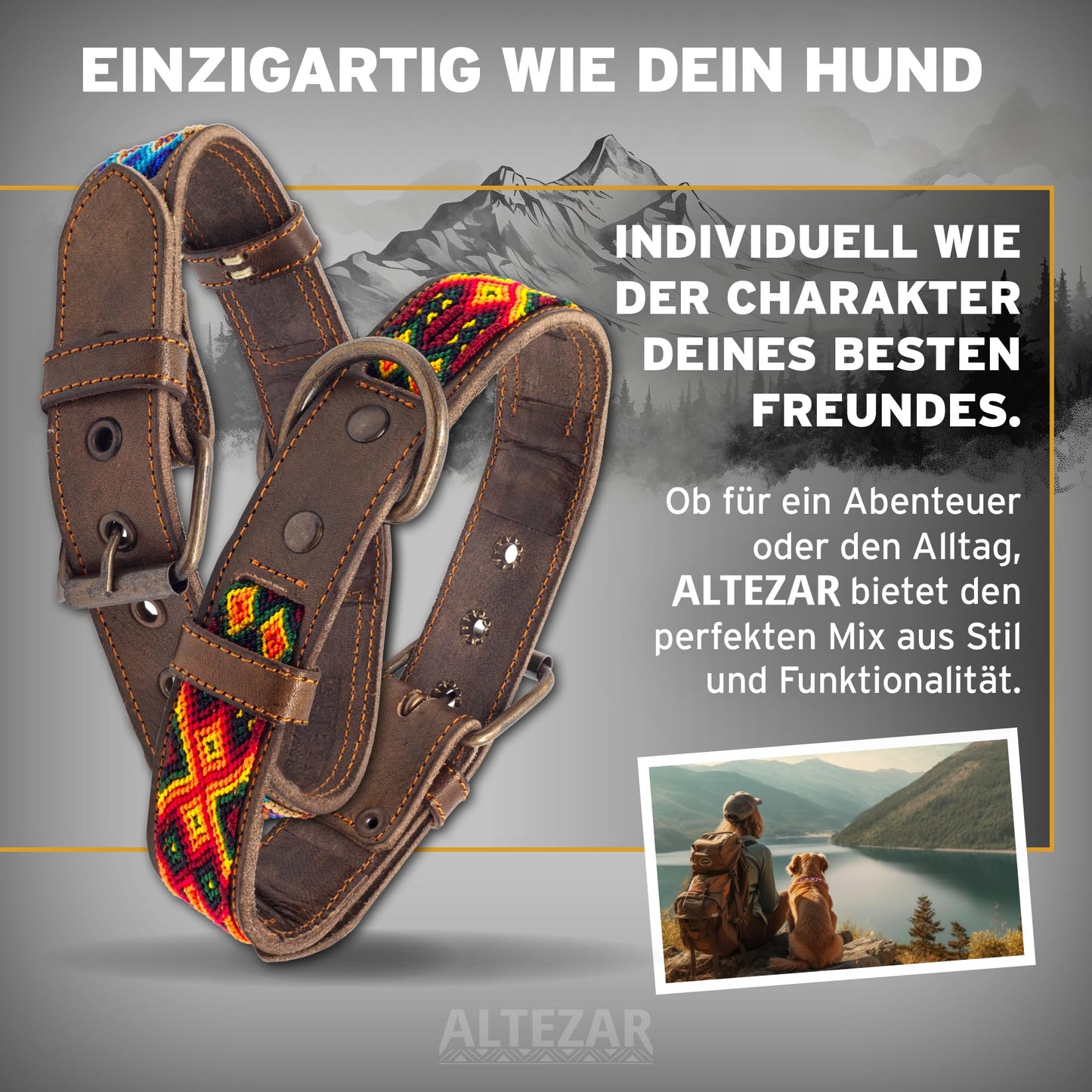 Hundehalsband Leder - braunes Rindsleder Tribal Grün/Braun/Beiges