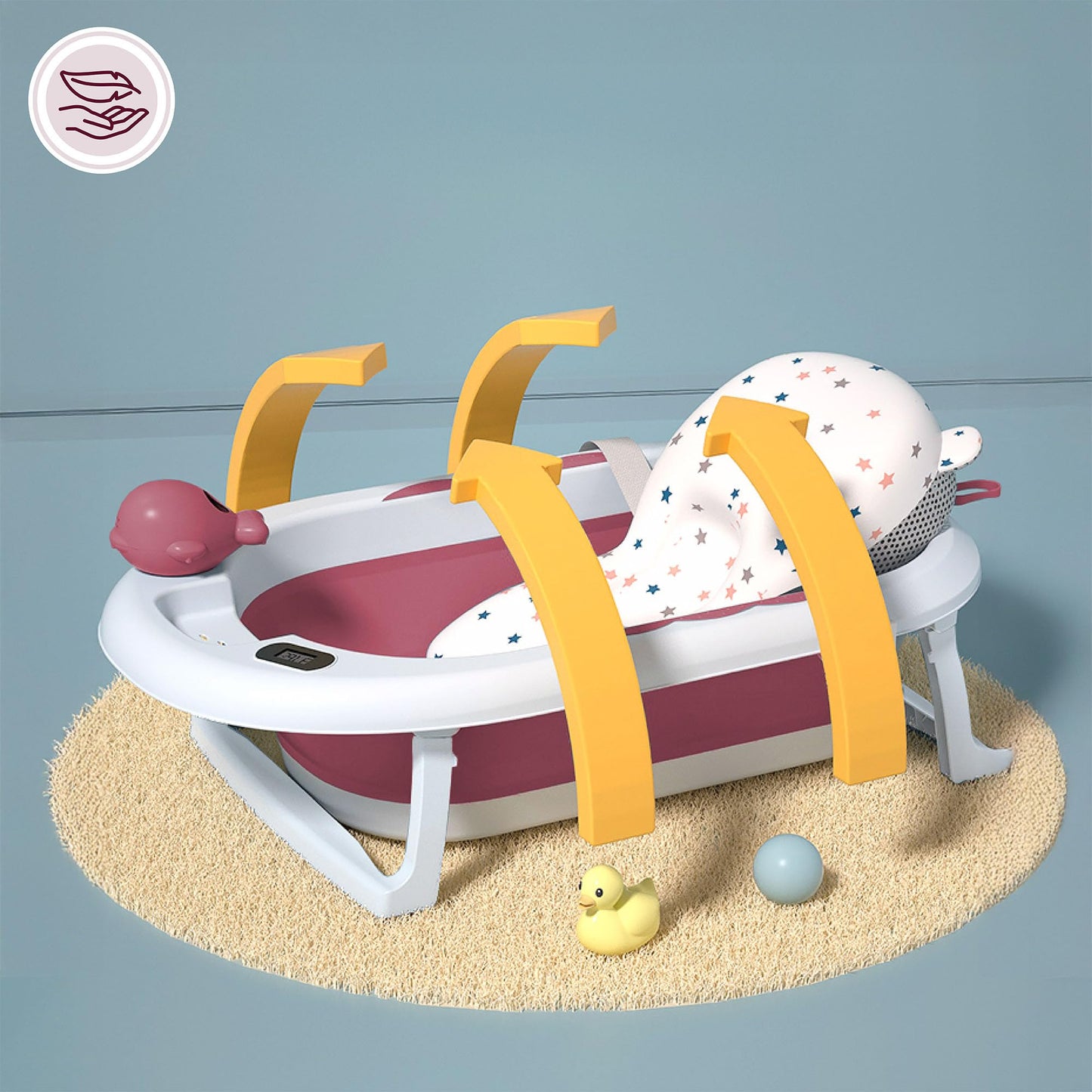 Moby-System Foldable Baby Bathtub with Insert, LCD Thermometer & Frame - Secure Hold from Birth, Ergonomic