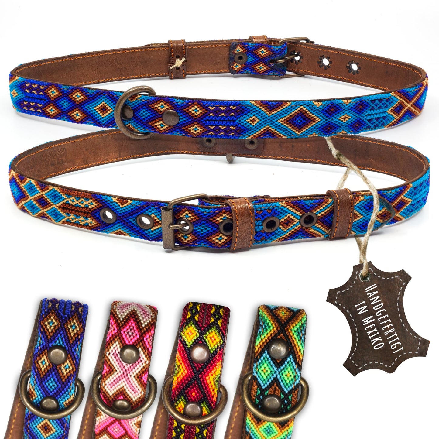 Hundehalsband Leder - braunes Rindsleder Tribal Grün/Braun/Beiges