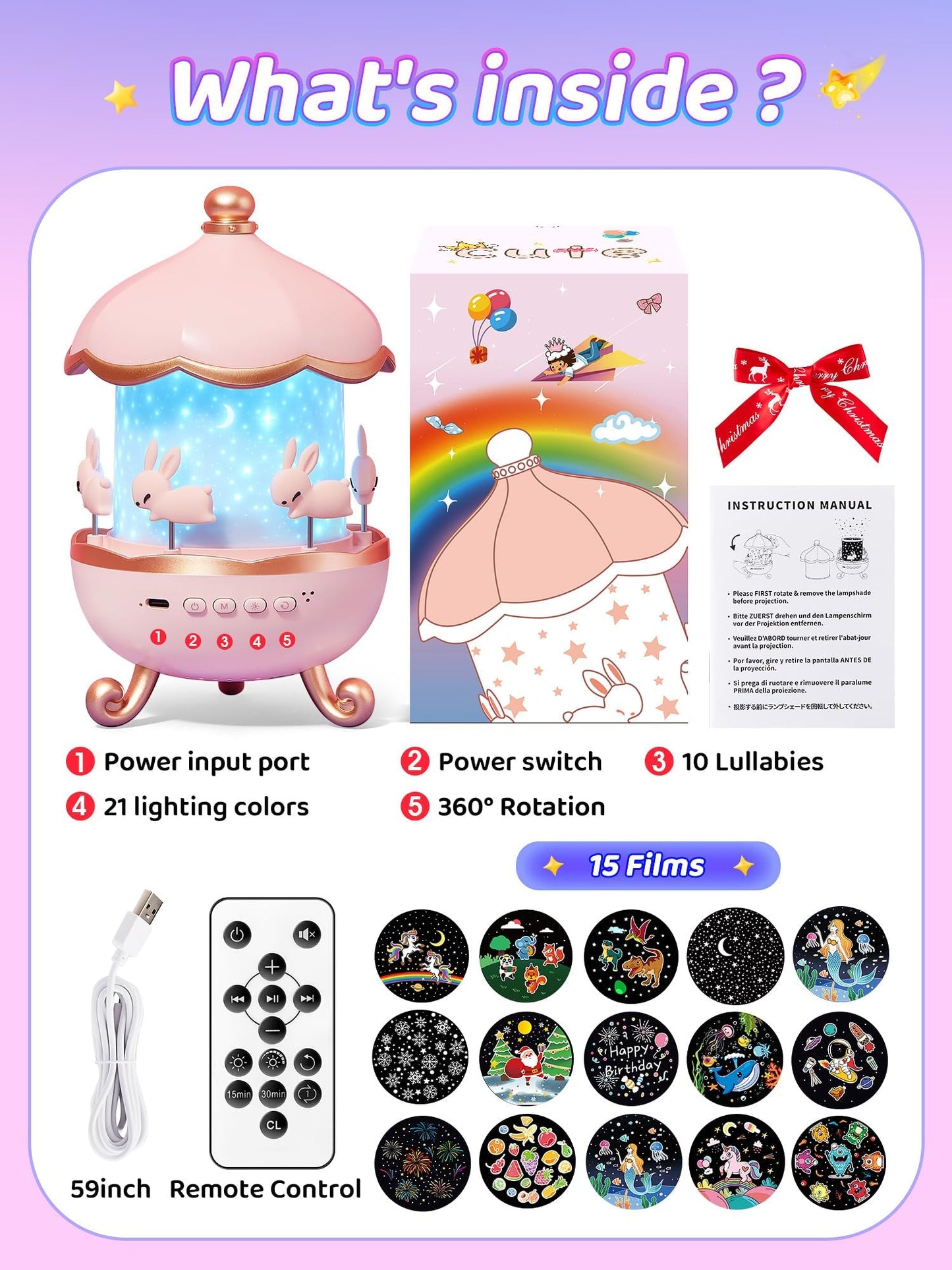 Starry Sky Projector Baby with 15 Films, Music Box Unicorn with 15 Music, 7 Colours Bedside Lamp, Night Light, Unicorn Toy, Girls Toy, Children's Room Decoration