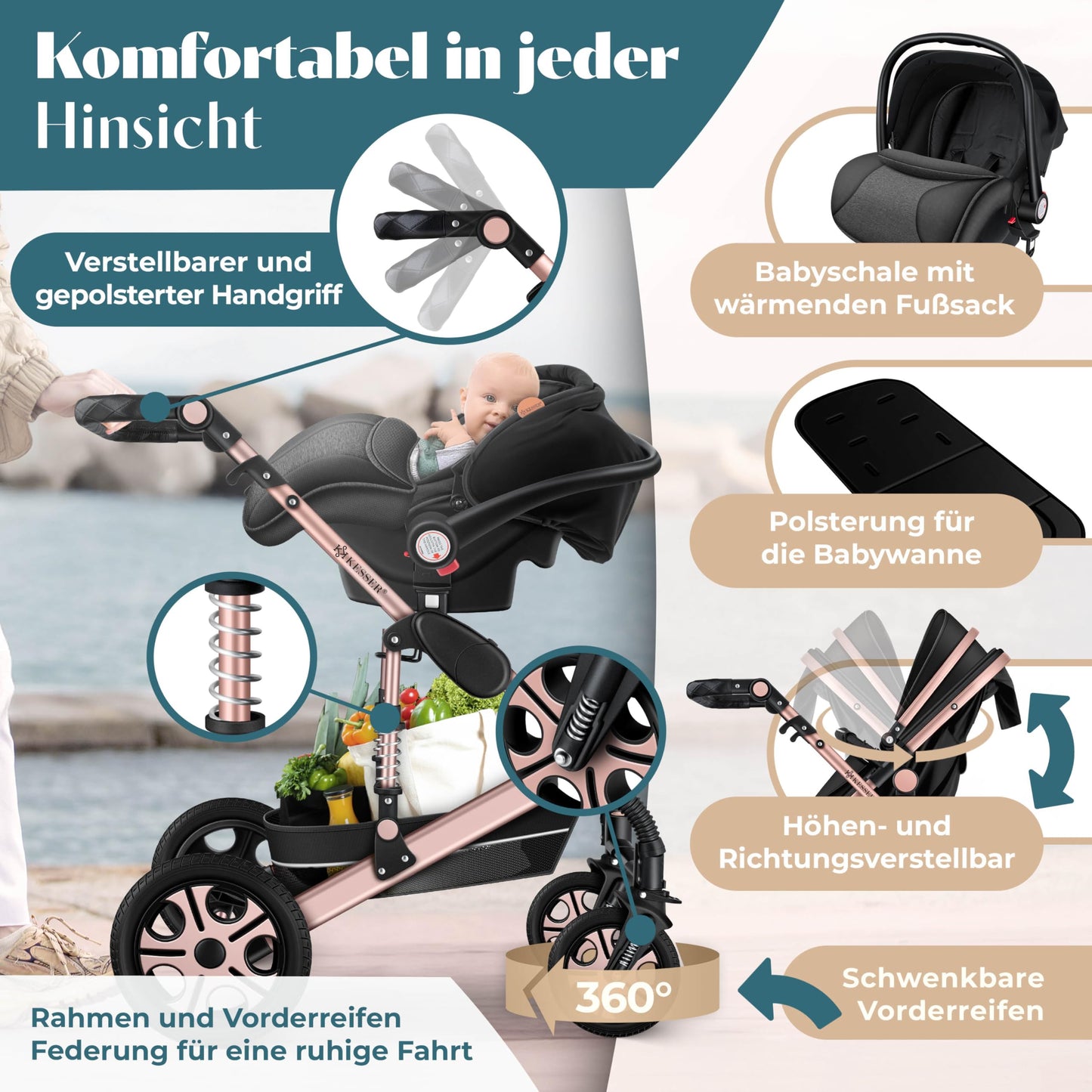 Kesser® Loops 3-in-1 Combination Pram, Complete Set Including Baby Tub & Buggy Sports Seat & Baby Car Seat, Full Rubber Tyres