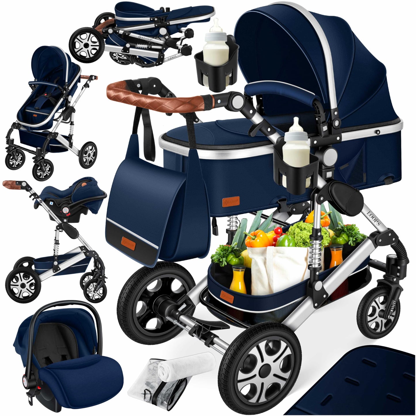 Kesser® Loops 3-in-1 Combination Pram, Complete Set Including Baby Tub & Buggy Sports Seat & Baby Car Seat, Full Rubber Tyres