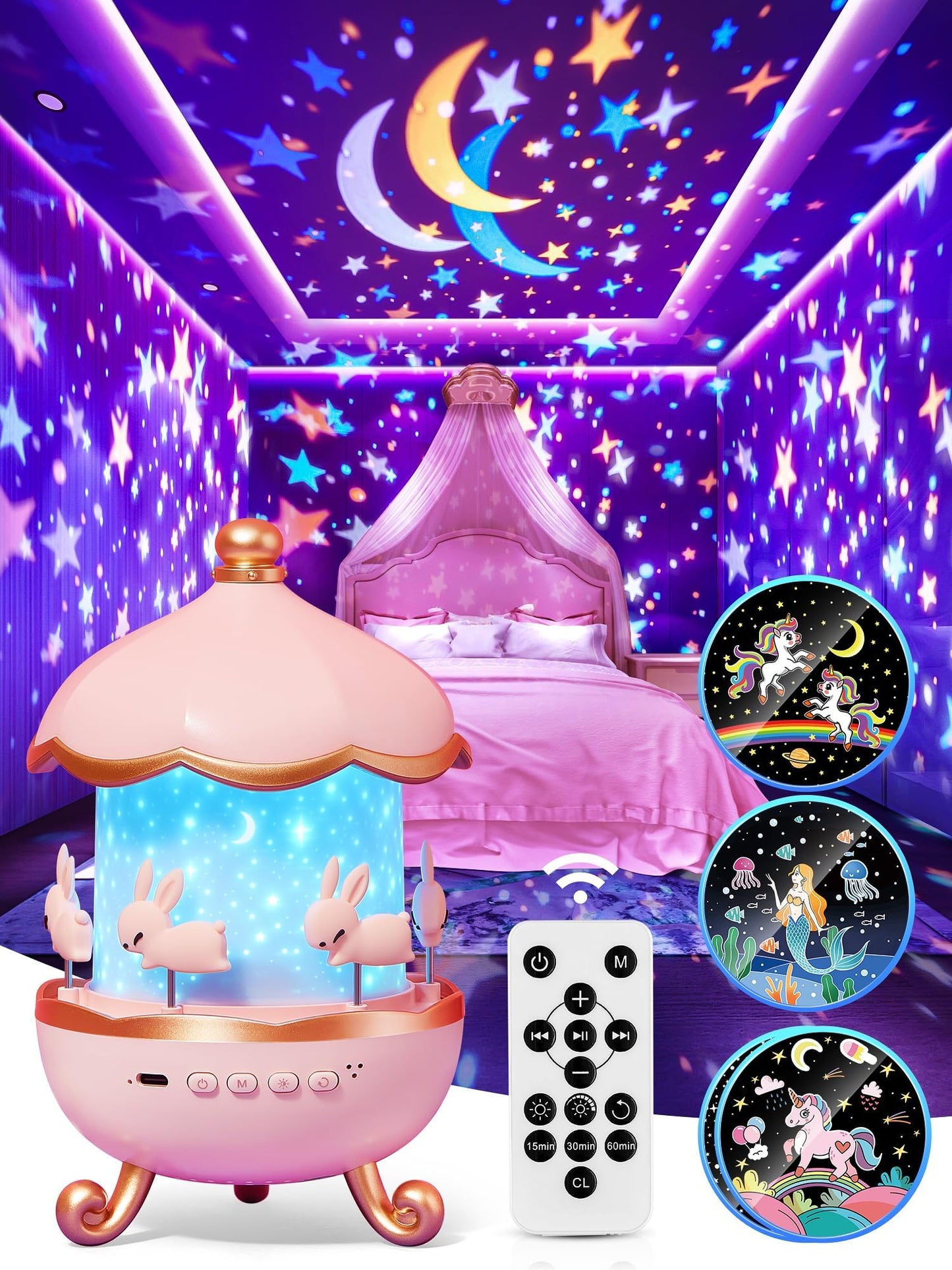 Starry Sky Projector Baby with 15 Films, Music Box Unicorn with 15 Music, 7 Colours Bedside Lamp, Night Light, Unicorn Toy, Girls Toy, Children's Room Decoration