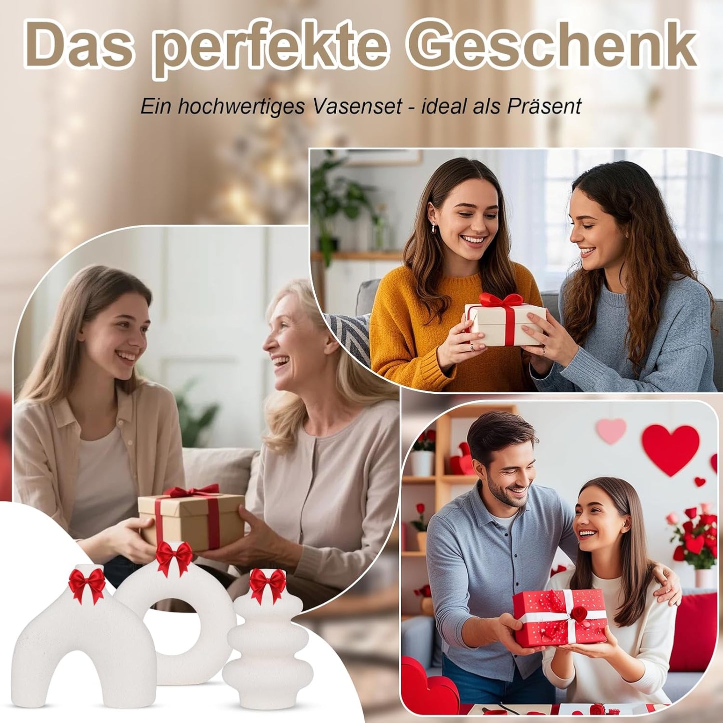 Vankarr Weiße Keramikvase Satz von 3, kleine Trockenblumen Vasen für Pampasgras, handgemachte Vase,Moderne Boho Vasen für Wohnungsdeko Hochzeit Dekor