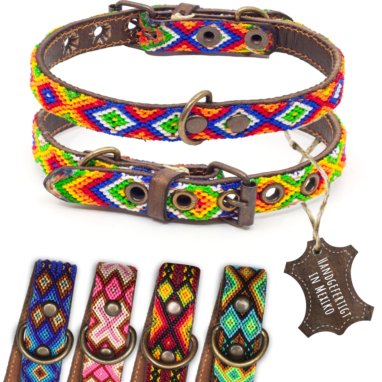 Hundehalsband Leder - braunes Rindsleder Tribal Grün/Braun/Beiges