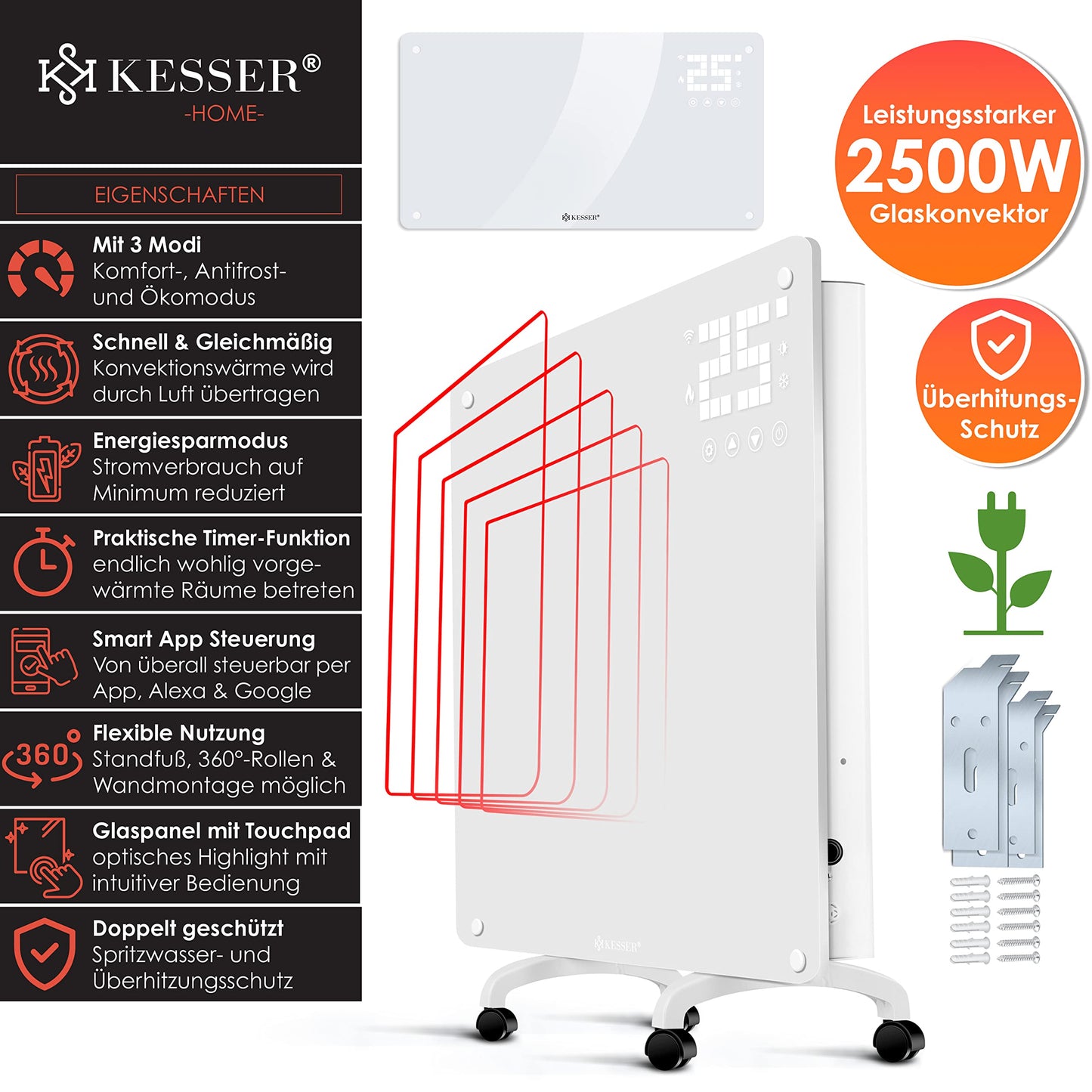 KESSER® Glass Convector, Glass Heater, Electric Radiator, WiFi App Function, Includes Remote Control Electric Heater Standing or Wall Heating Radiator | Touch Screen | LCD Display | Timer | 2500 Watt