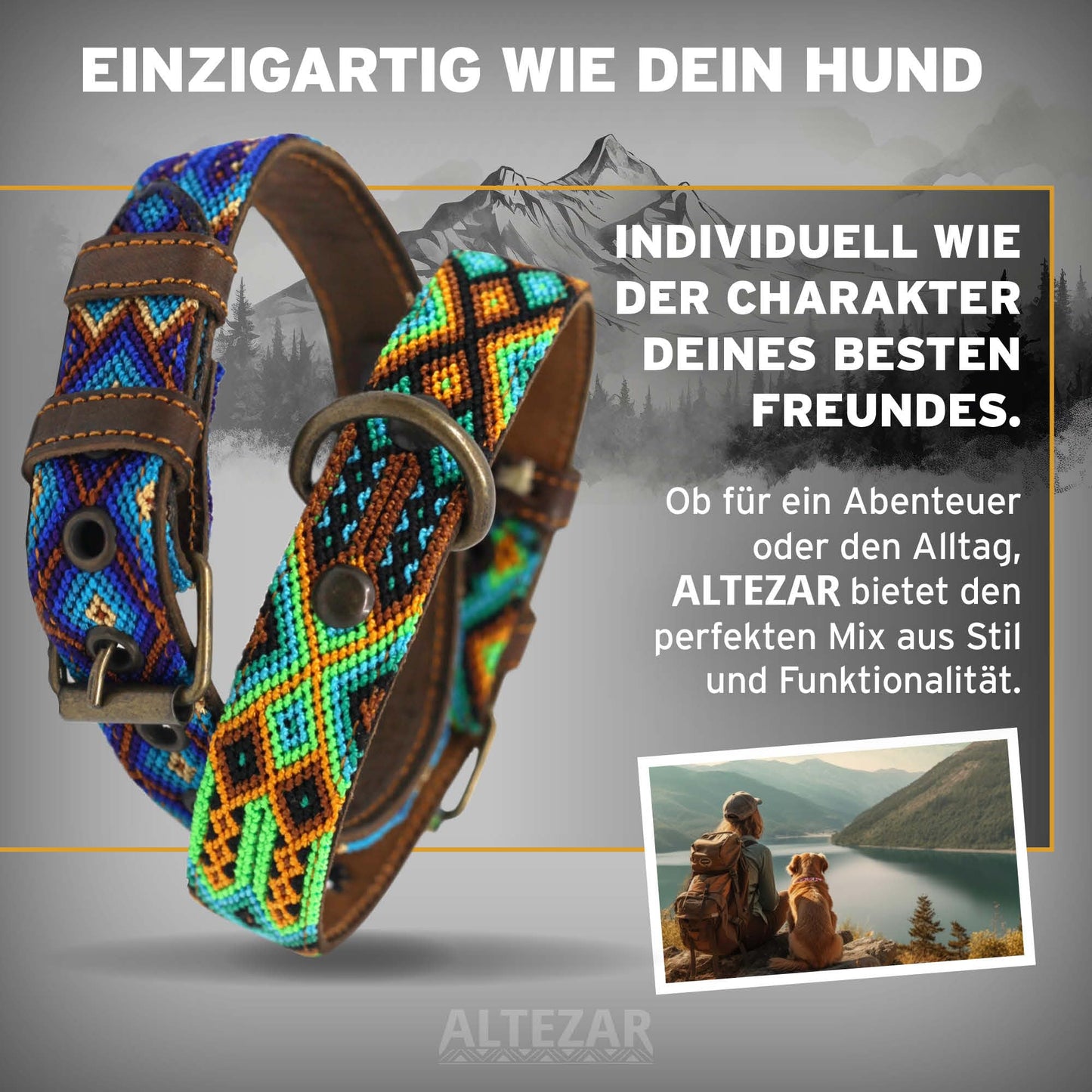 Hundehalsband Leder - braunes Rindsleder Tribal Grün/Braun/Beiges