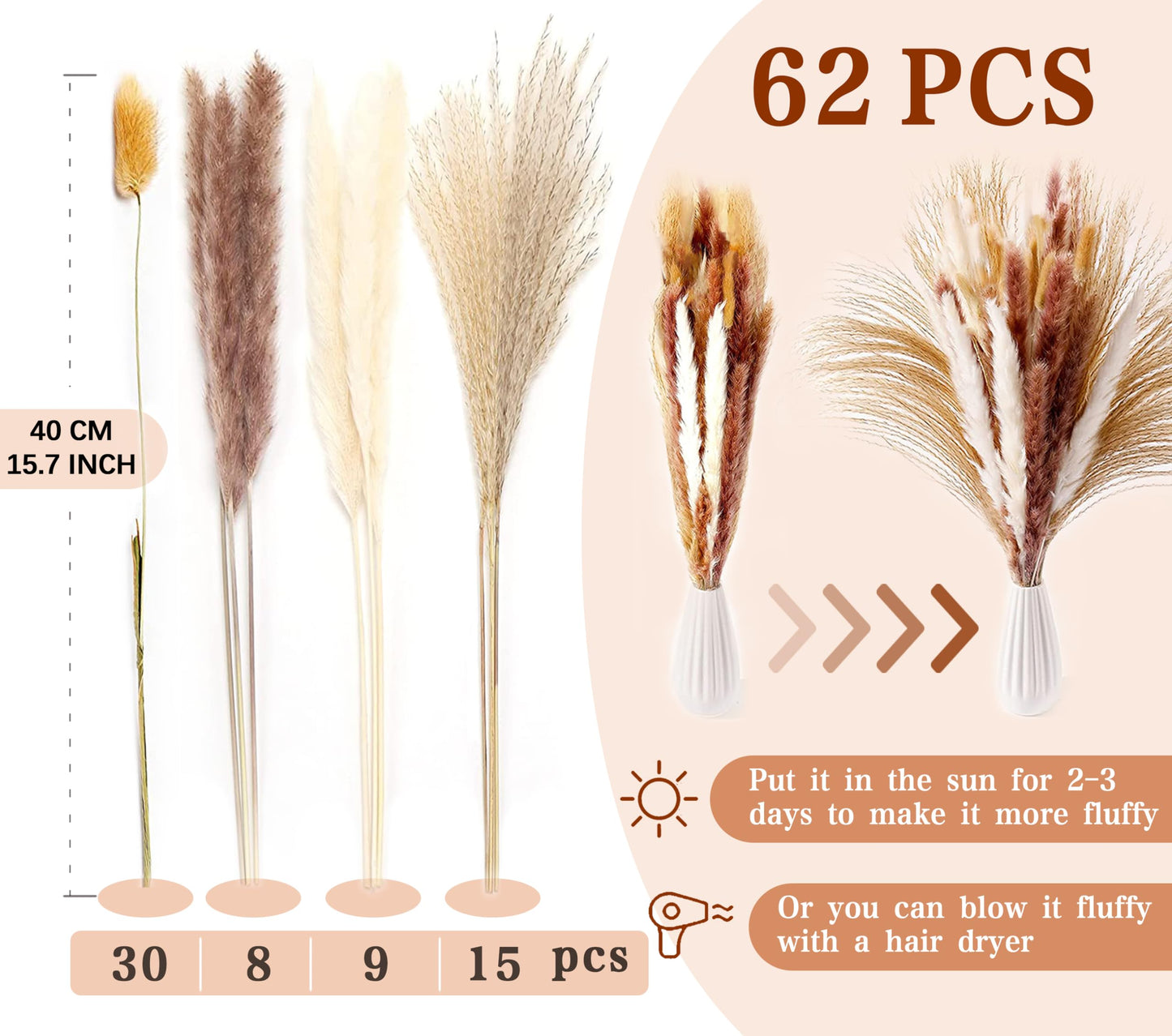 Pampasgras Getrocknet - Natürliche, Braun, Trockenblumen Strauß Dried Flowers, für Heim Decor