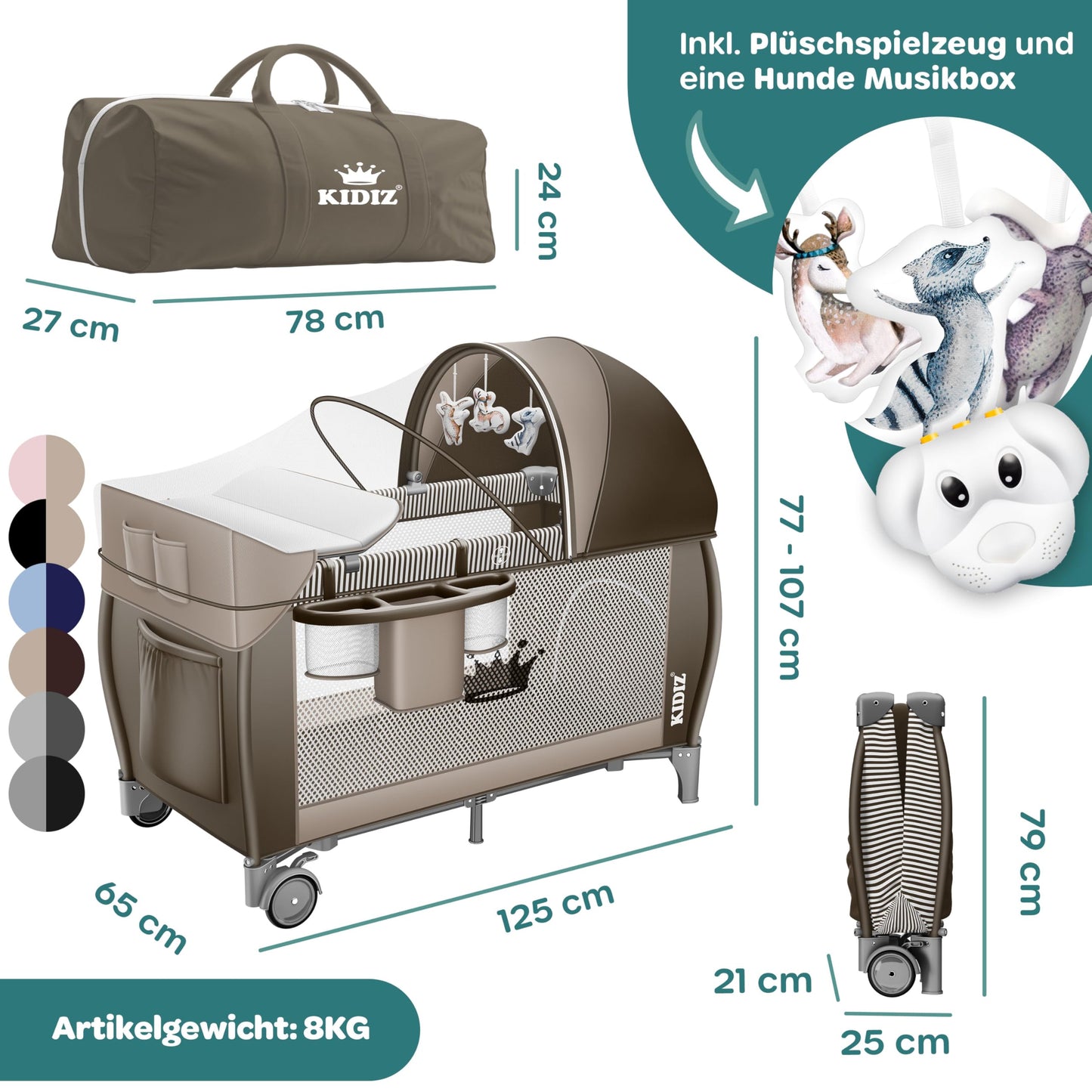 Kidiz Baby Cot, Travel Cot, Foldable with Mattress and Wheels, 120 x 60 cm, Side Entrance