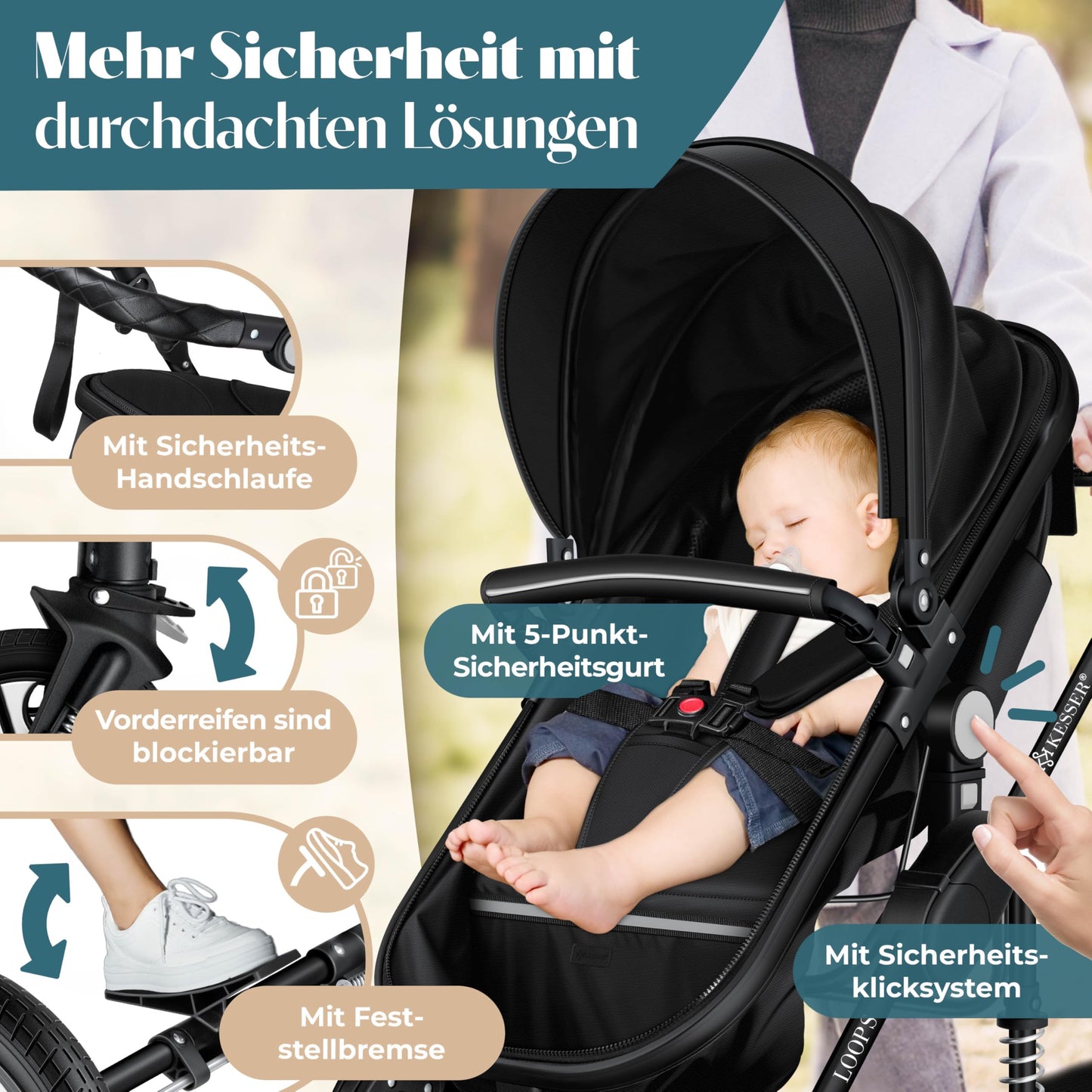 Kesser® Loops 3-in-1 Combination Pram, Complete Set Including Baby Tub & Buggy Sports Seat & Baby Car Seat, Full Rubber Tyres