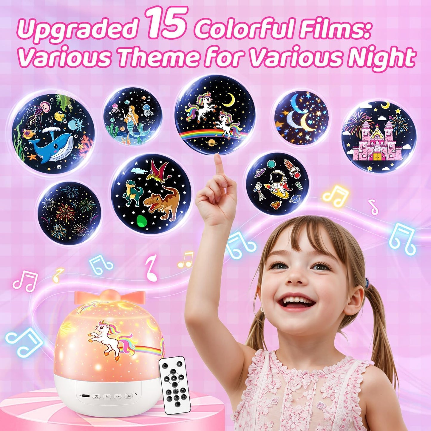 Sternenhimmel Projektor Kinder mit 15 Film, Nachtlicht Baby,Bluetooth,LED Projektor Sternenhimmel Nachttischlampe Kinder