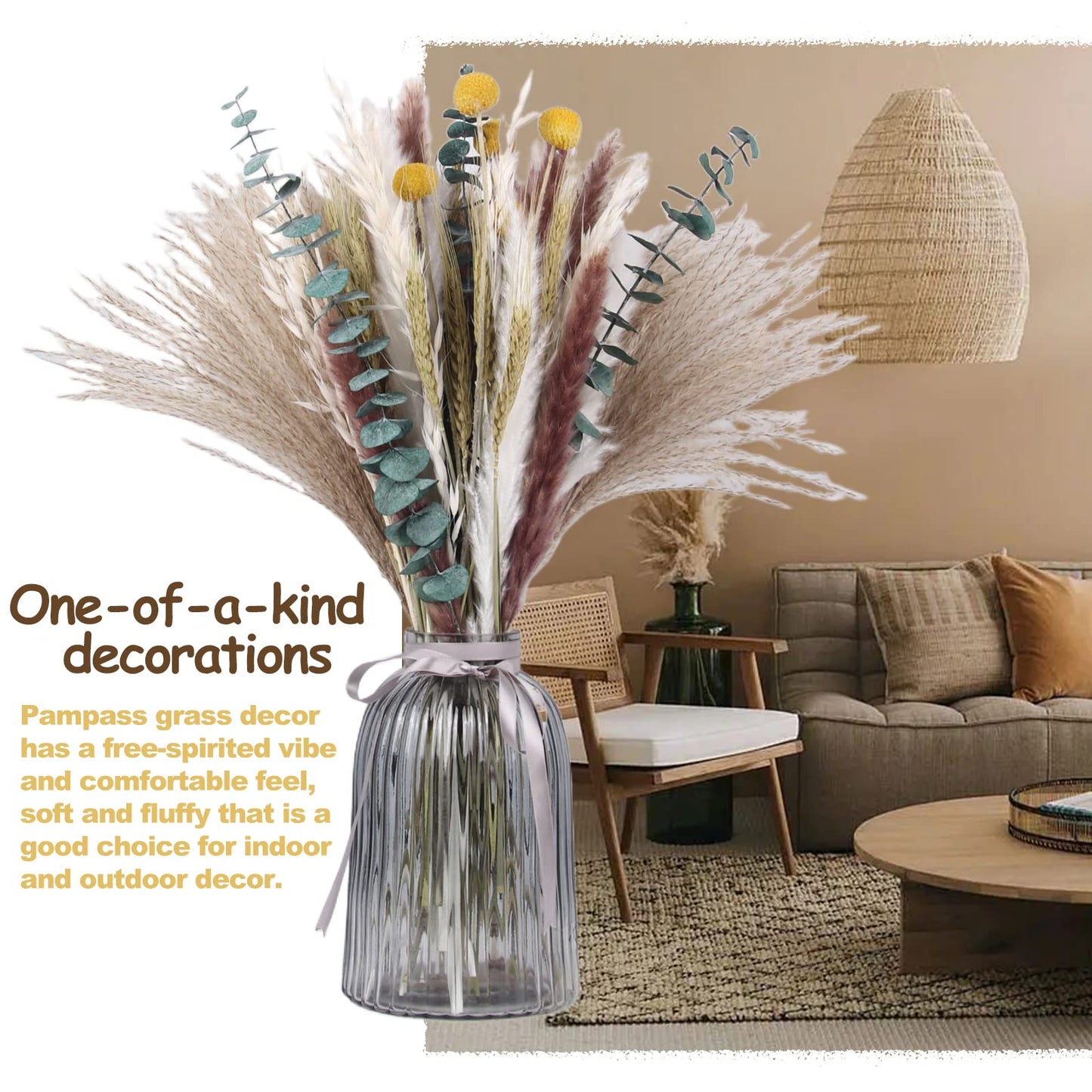 Dried Pampas Grass 60 Pieces Natural Dried Flowers Decoration, Bouquet Reed Flower Decoration for Living Room Bedroom